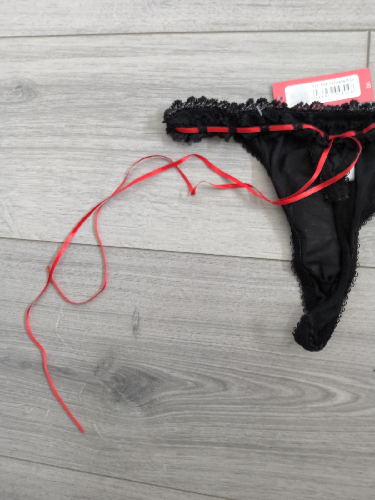 BNWT Vintage Daniel Axel Sheer Black Mesh & Ribbon Slotted Lace Thong Size 8-10
