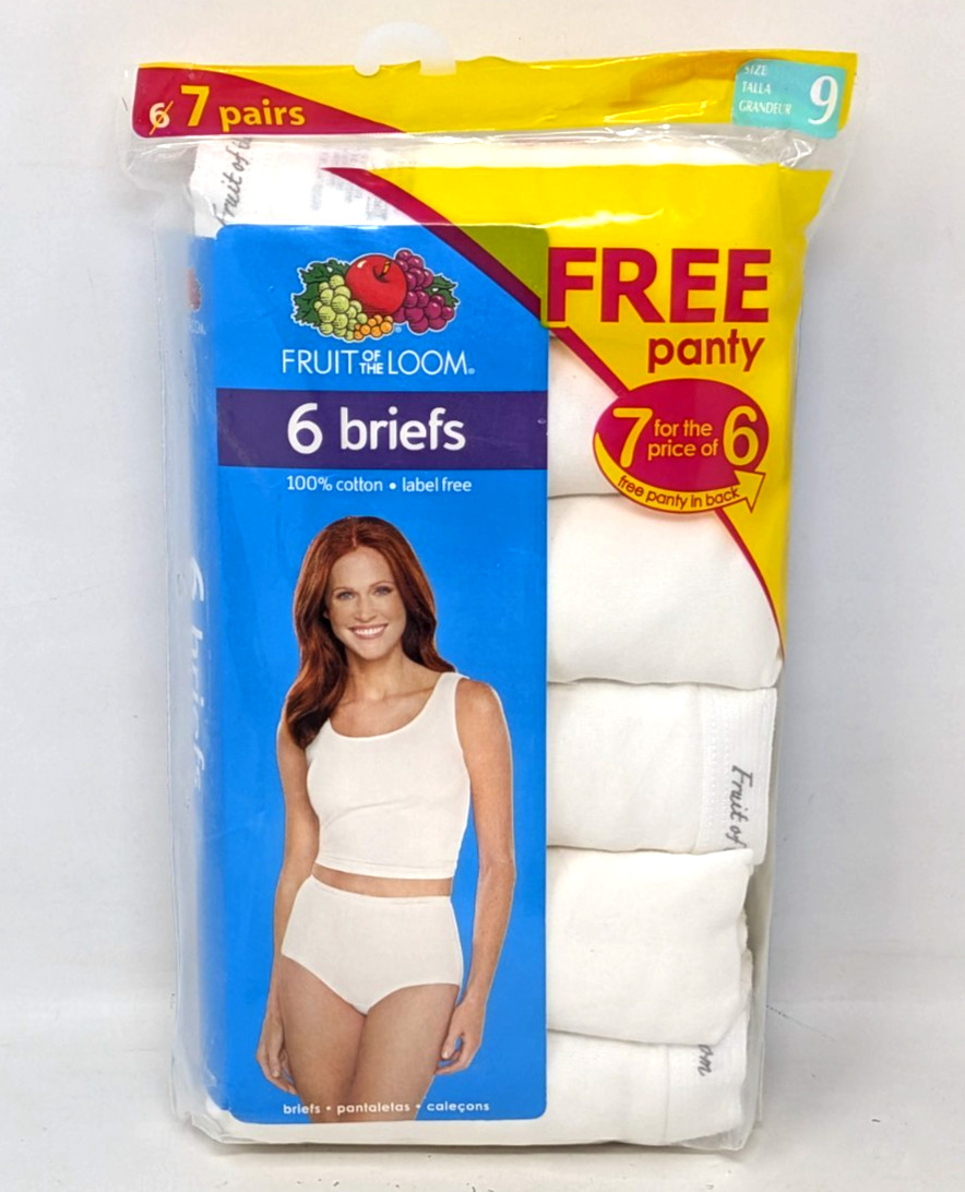 New Fruit of the Loom Womens Size 9 White 100% Cotton 7 Pairs Briefs Label Free