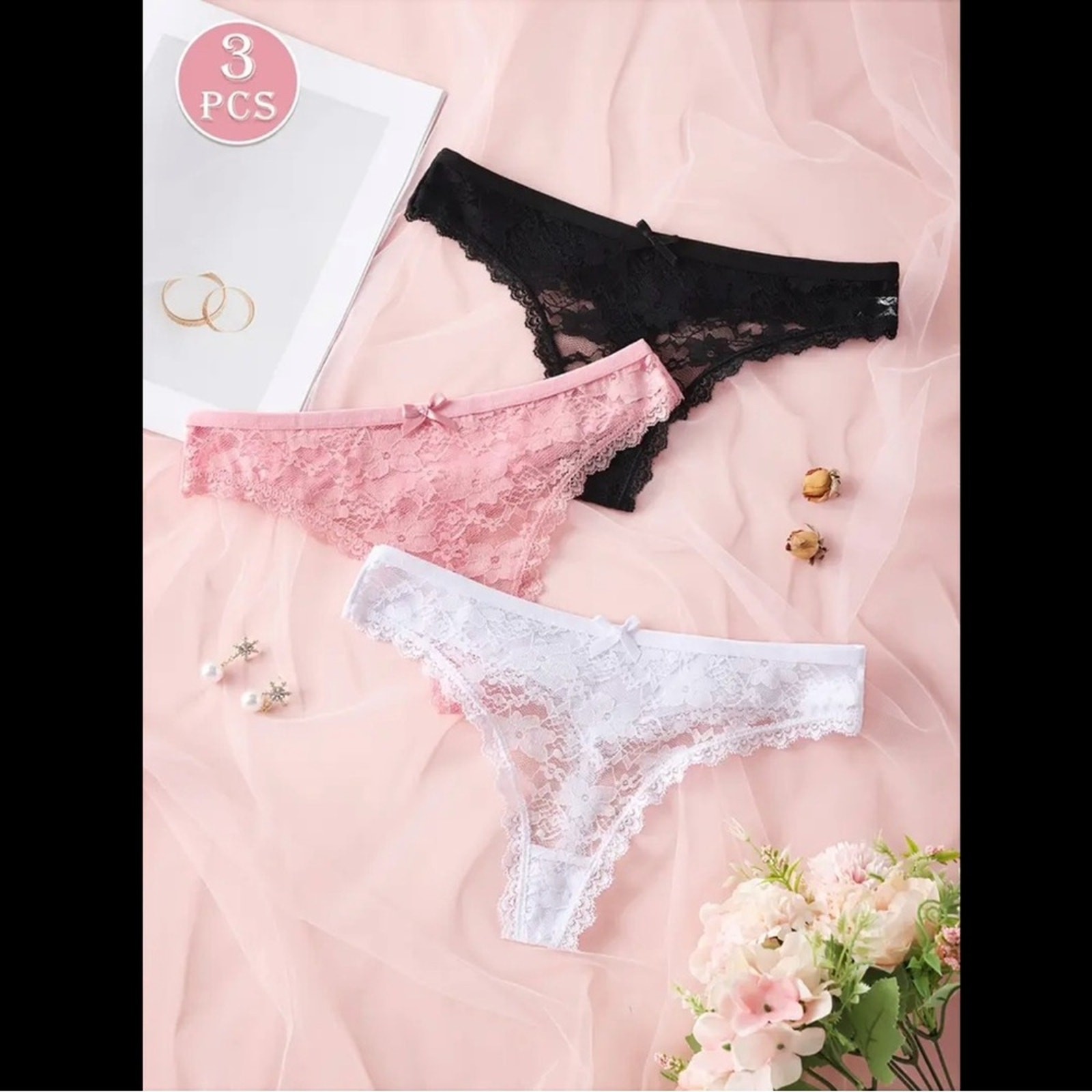 3-Pack, Multi-Colored, Floral Lace Panties