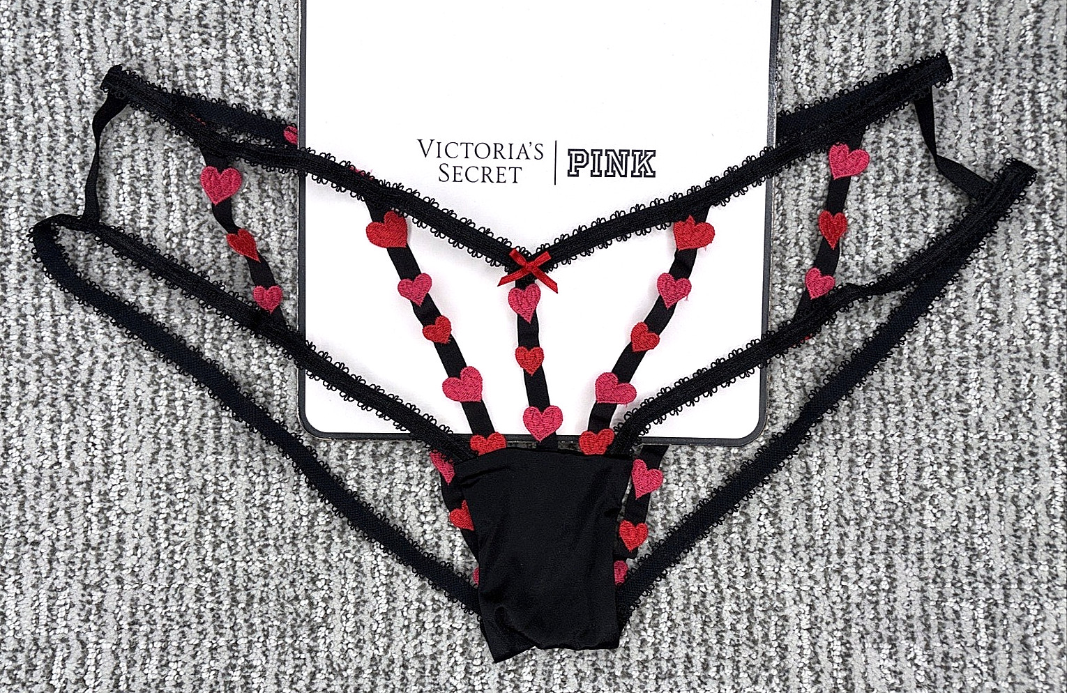 Victoria’s Secret Sexy NWT Small Black Heart Embroider Strappy Open Cheeky Panty