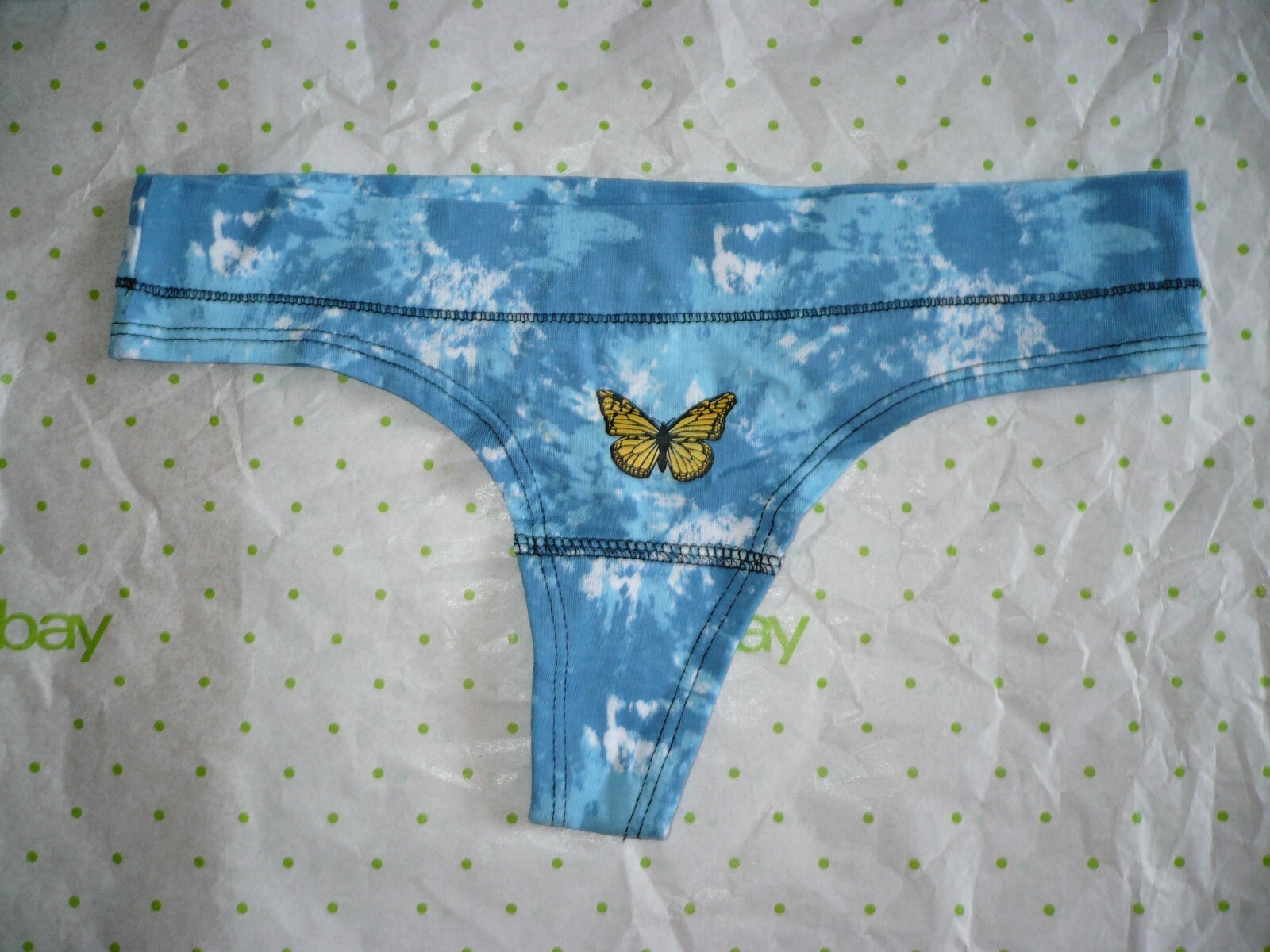Rue 21 Women’s Cotton Thong Panties MEDIUM Blue Tie Dye W Yellow Butterfly NEW
