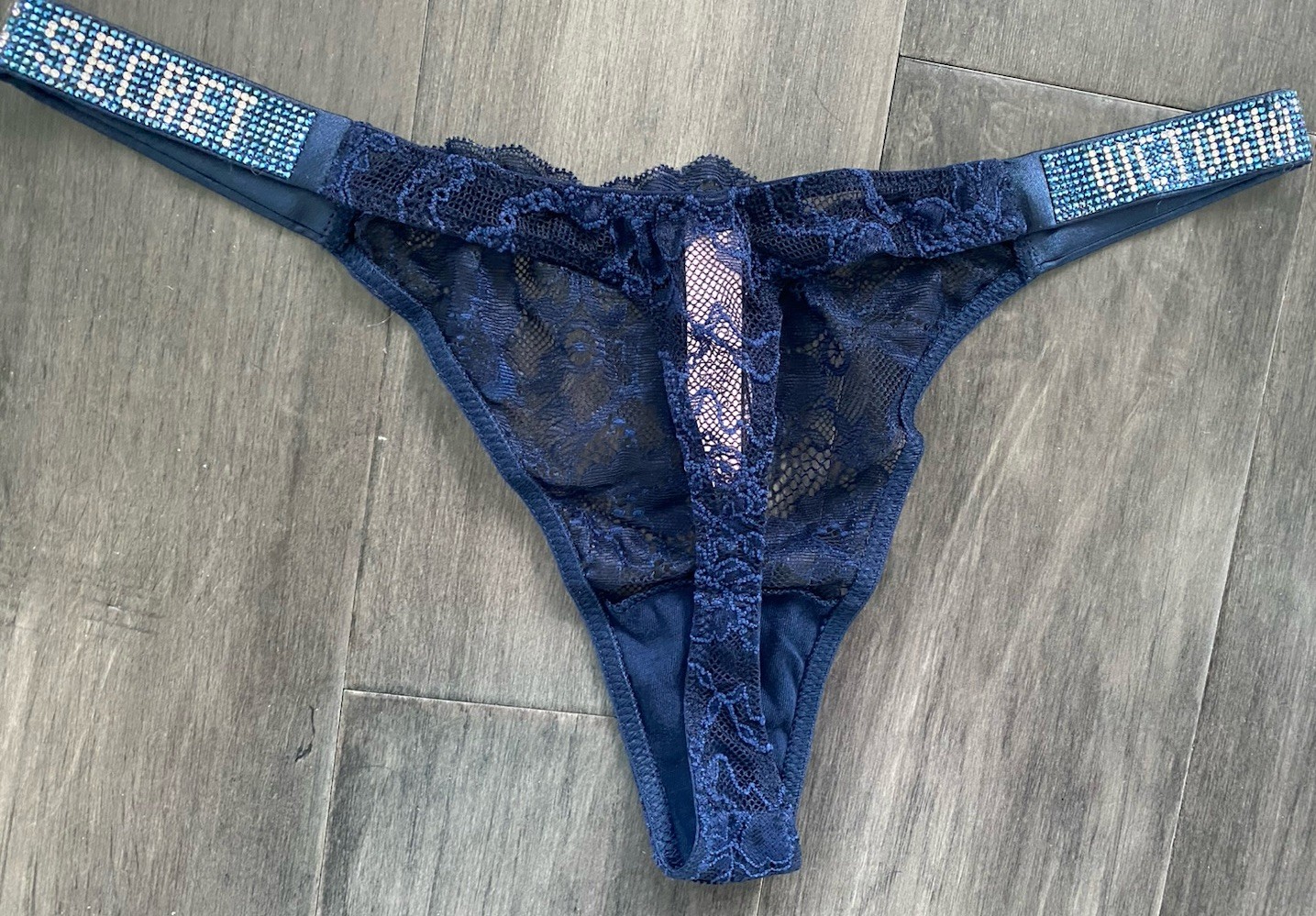 Victoria’s Secret Navy Blue Lace Rhinestone Logo Shine Strap Thong Panty Medium