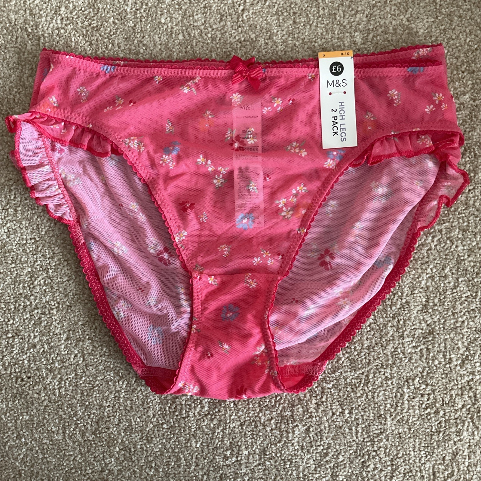 M&S 2 PACK Size S 8-10 Ladies Pretty High Leg Knickers Pink Floral Mesh Small