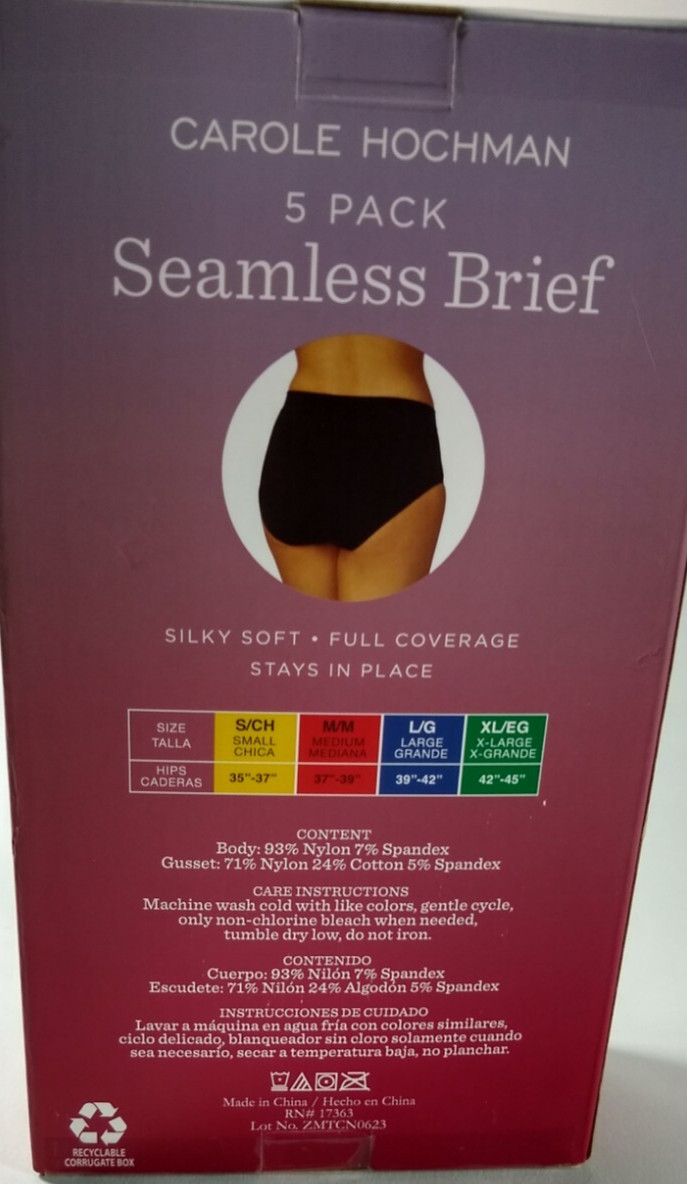 NWT Carole Hochman Womens 5 Pack Seamless Briefs Size Large Black Pink Tan White