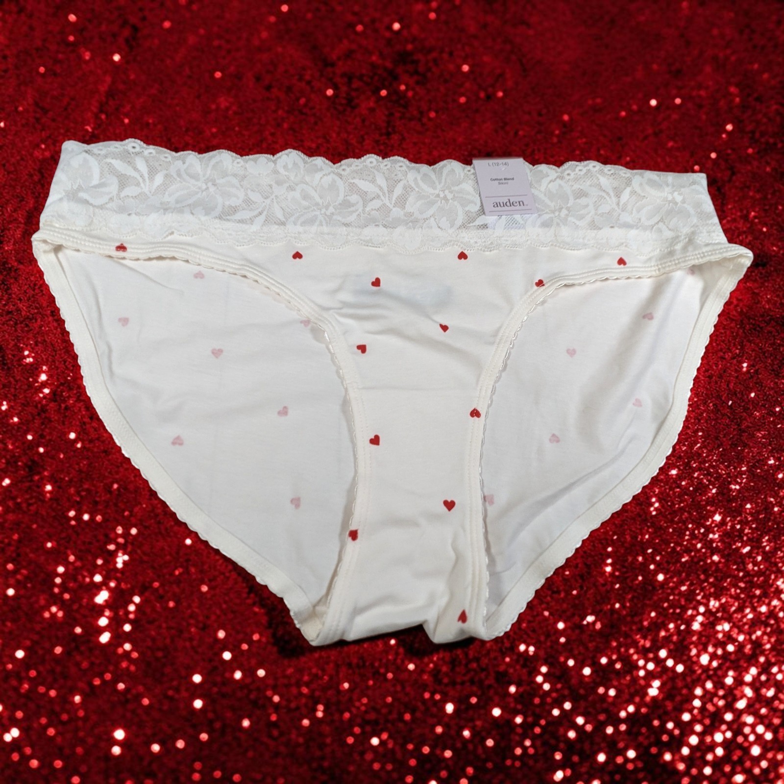 Lot of 3 Auden Ivory Red Hearts Print Lace Trim Bikini Panties Size L 12-14 NWT