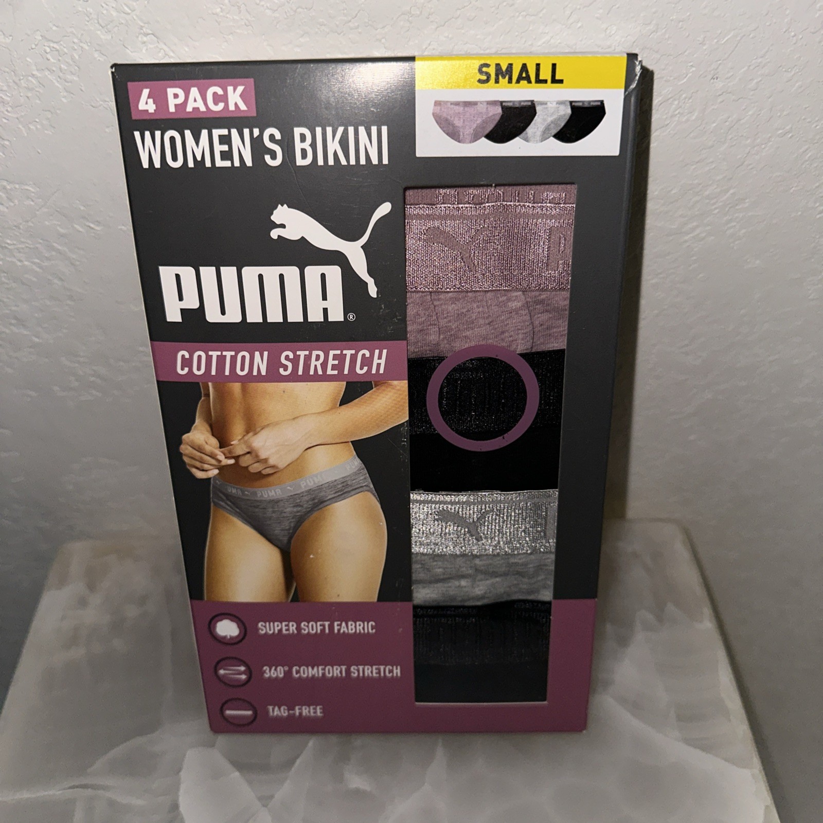 NEW Puma, 4 Pk – Ladies’ Soft Cotton Stretch Low-Rise Bikini SZ SMALL
