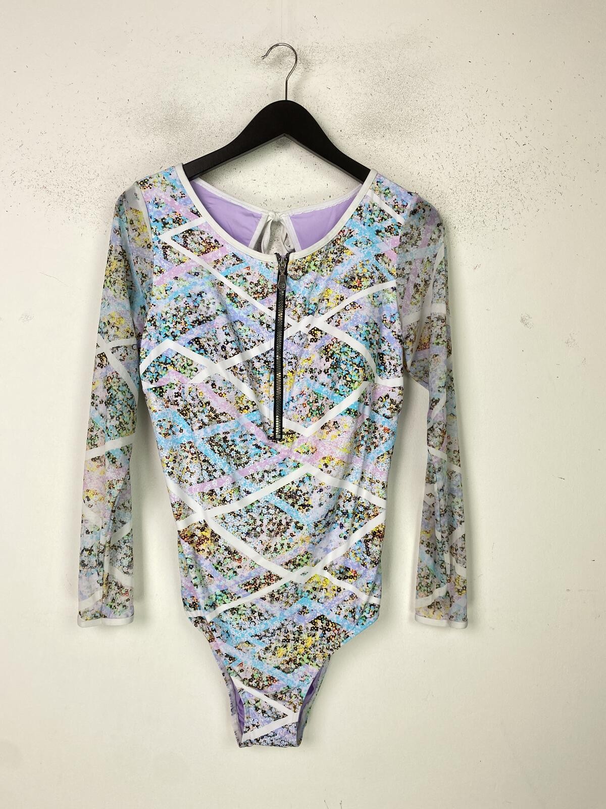 Next Purple Multi Colour Abstract Bodysuit Top Zip Neck Long Sleeve UK 18 NEW