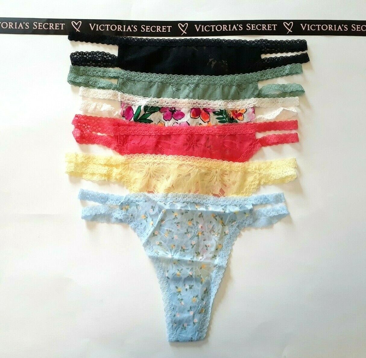 Victorias Secret All LACE Floral THONG Panty SEXY Strappy NWT Double Strap PINK
