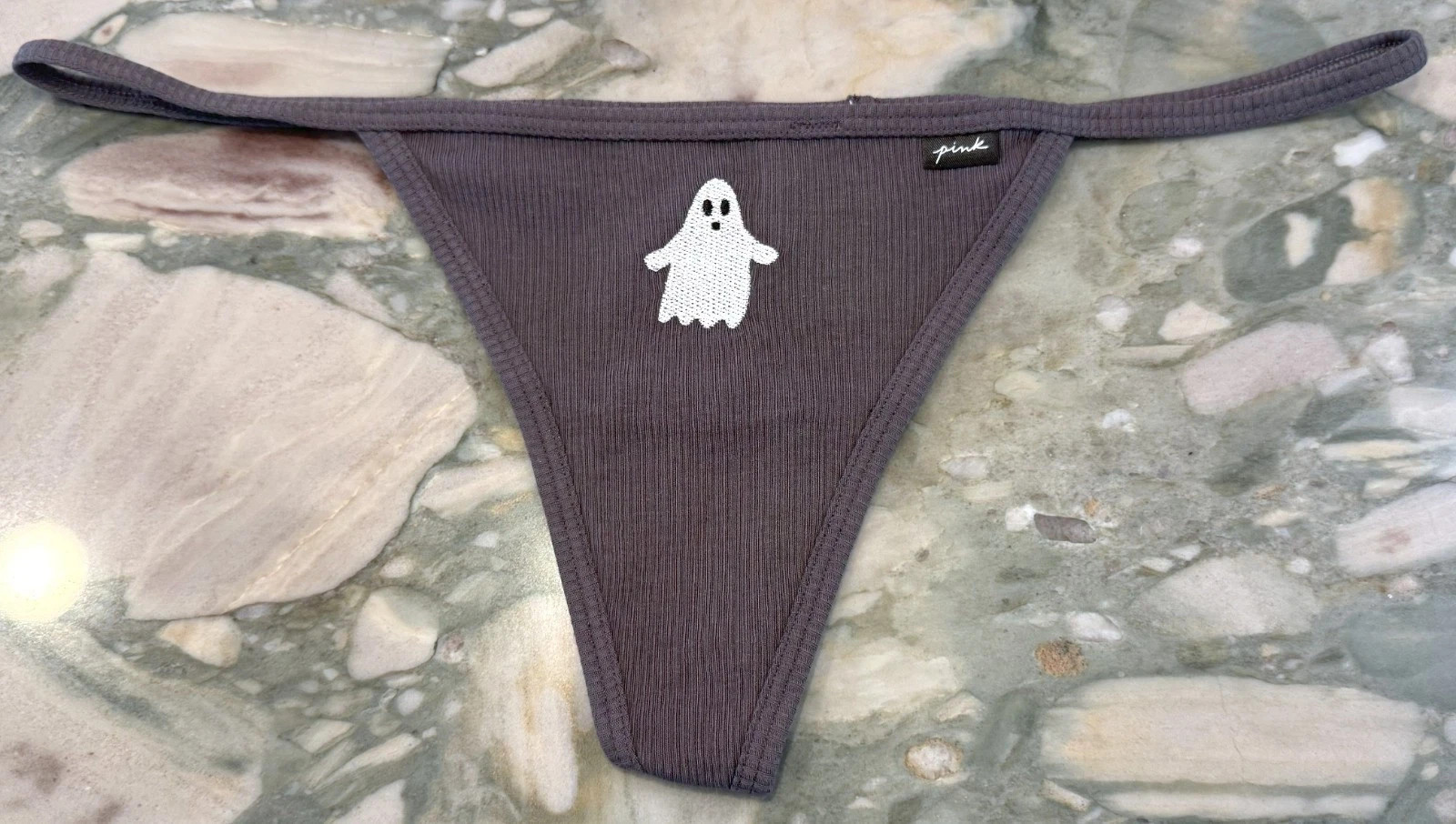 NEW Victoria Secret PINK Ribbed Cotton V-String – Gray Ghost Embroidery – XL