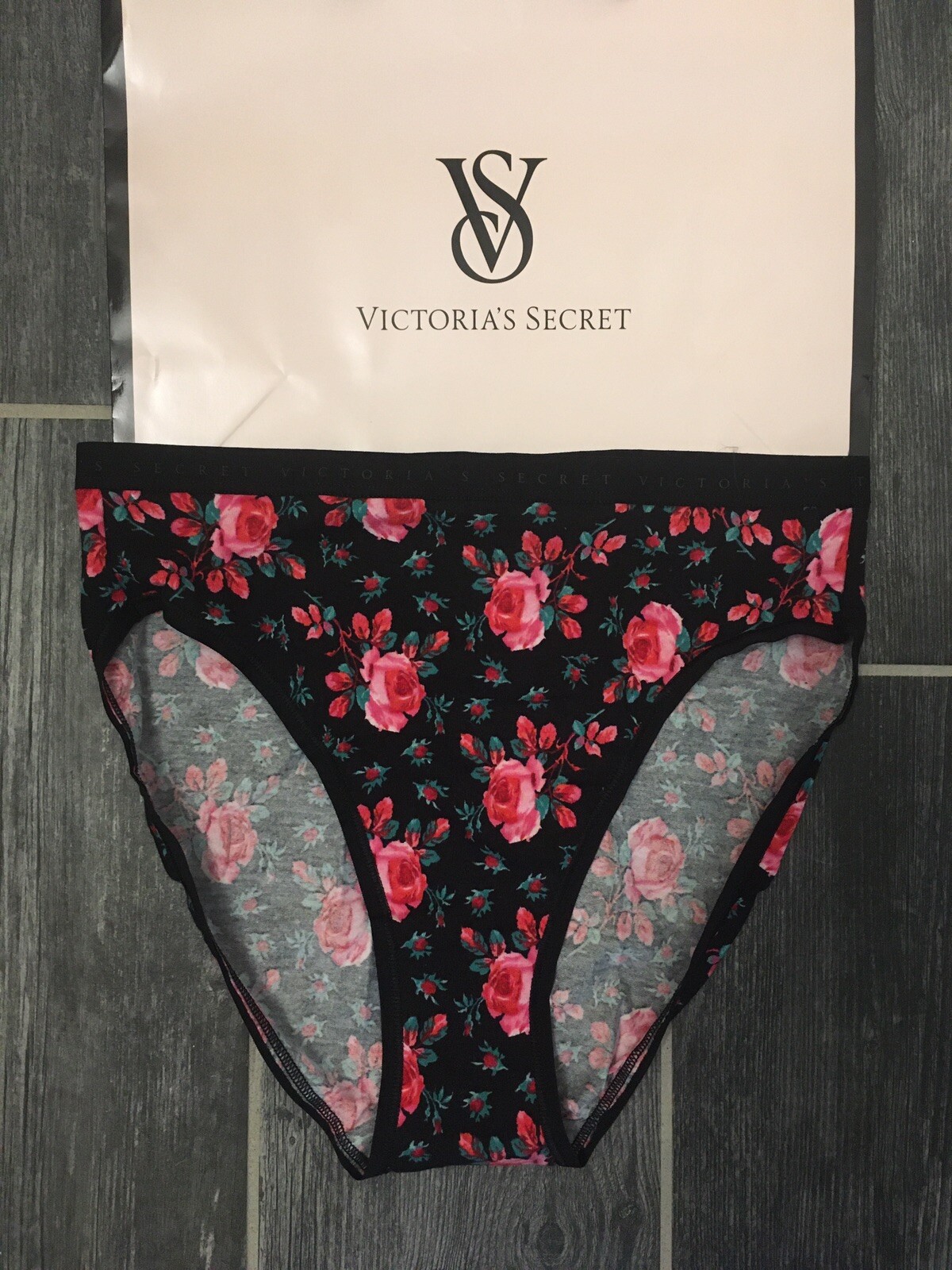 NEW Victoria’s Secret Cotton High Leg Brief Panty Black Rose Floral Size XS