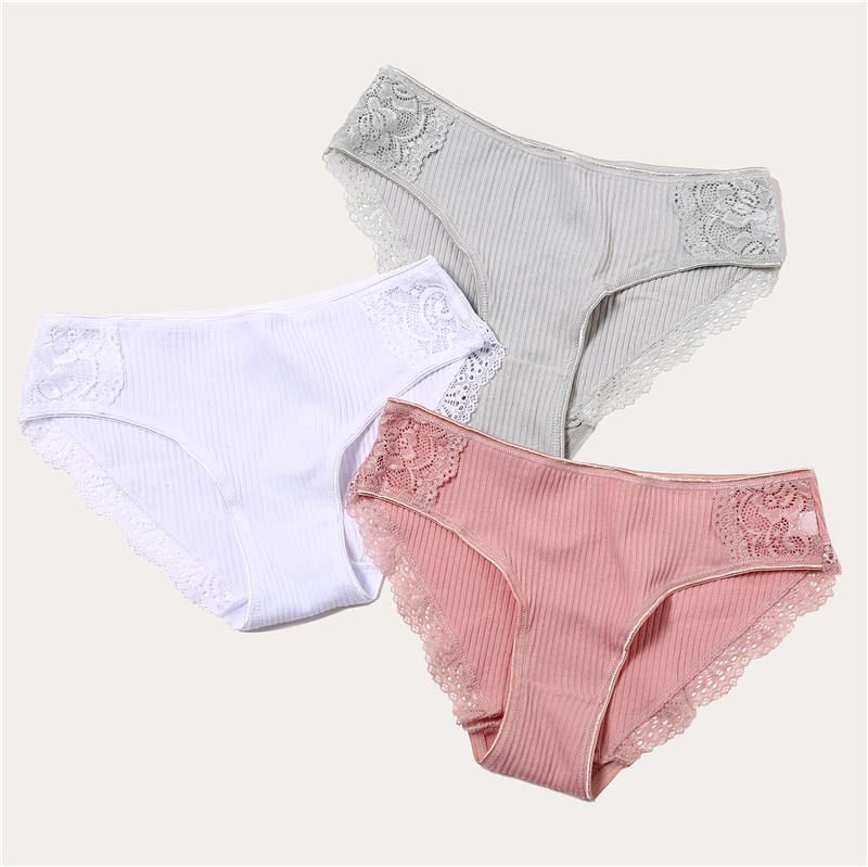 Lace Cotton Solid Color Panties Women Garments Apparel Striped Briefs Panty 3pcs