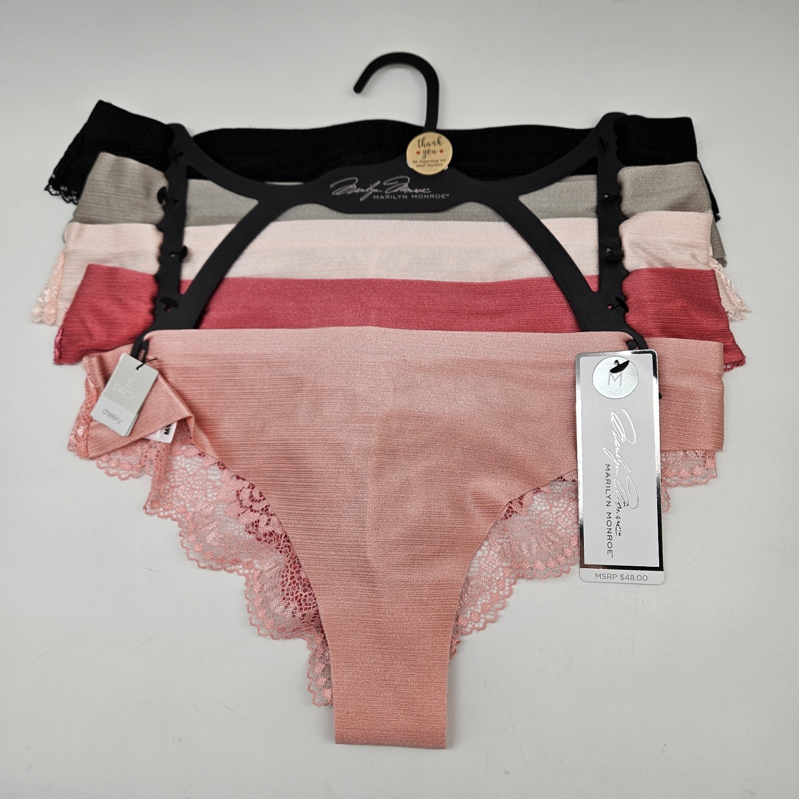 5 Pack MARILYN MONROE Women’s M L XL Cheeky Satin Lace Panties Black Gray Pink