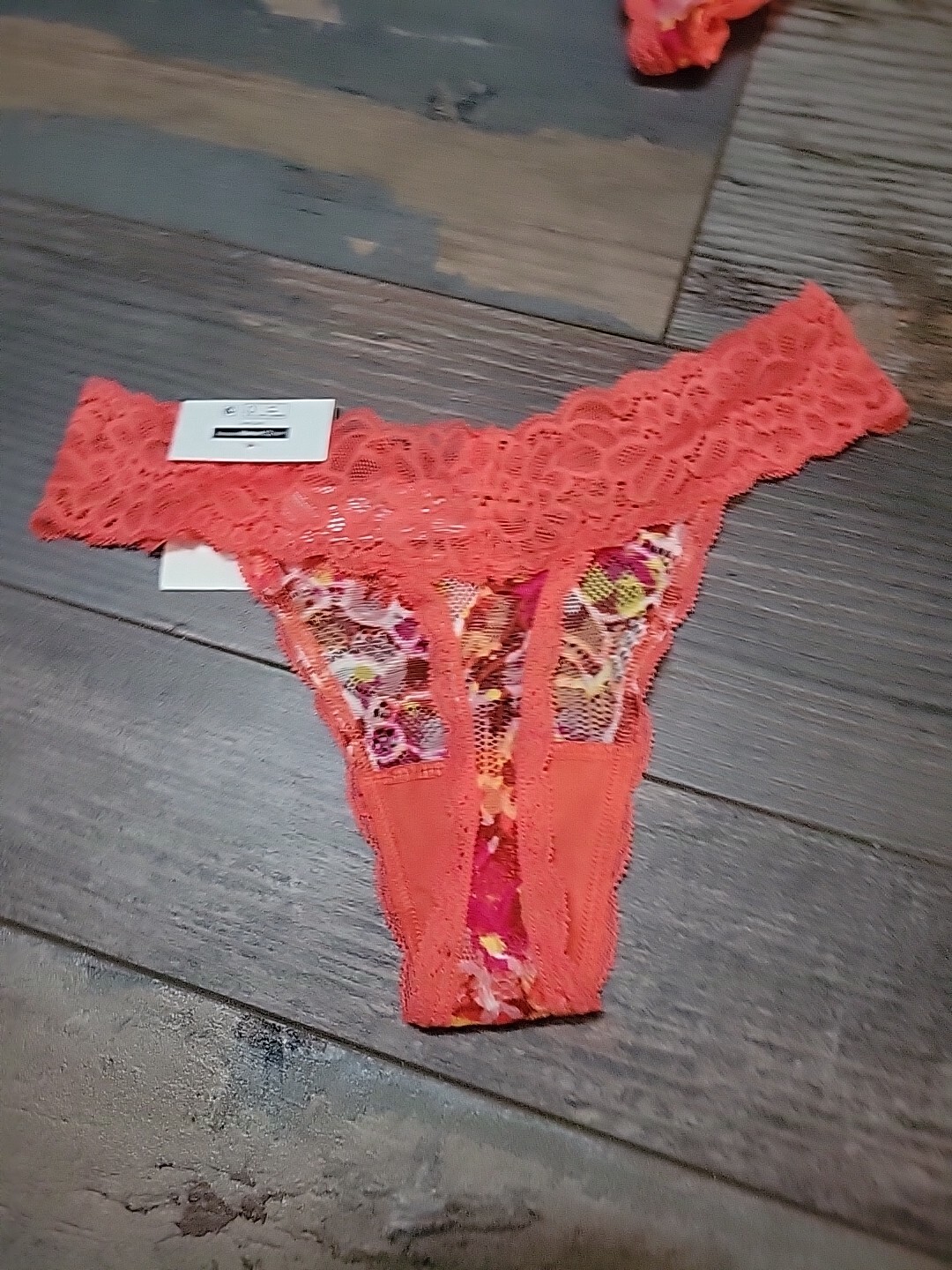 NWT No Boundaries All Over Lace Thong Panties Size XS Orange Multicolor Design
