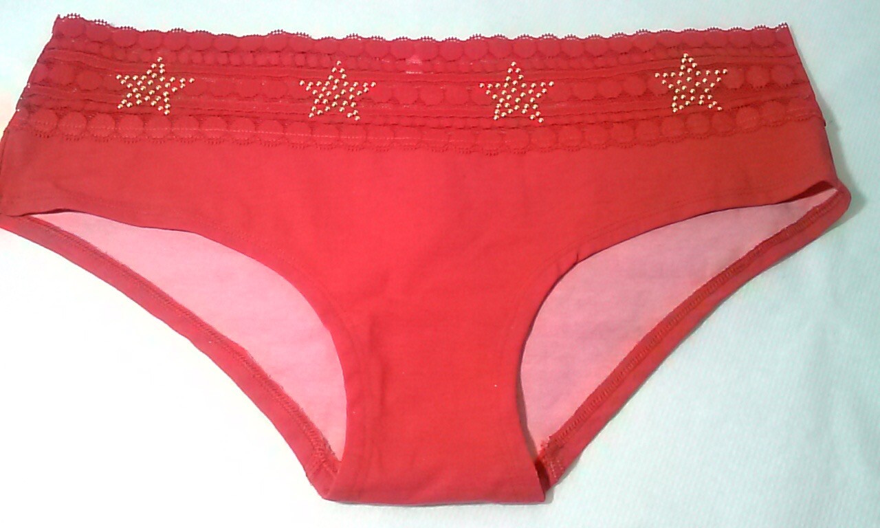 Victoria’s Secret Pink Hipster Panties RED Lace Waist Embellished Golden Stars L