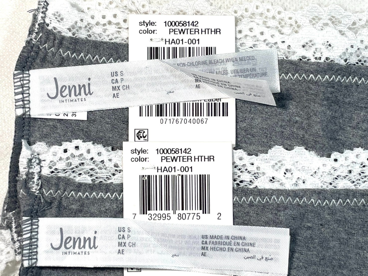 NWT 2-Pack Jenni Women’s S Cotton Blend Lace Trim Print Hipster Panty, Gray