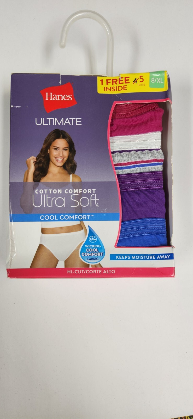 Hanes 43K5FA Ultimate 100% Cotton 5-Pack Comfort Hi-Cut Panties Briefs Size 8 XL