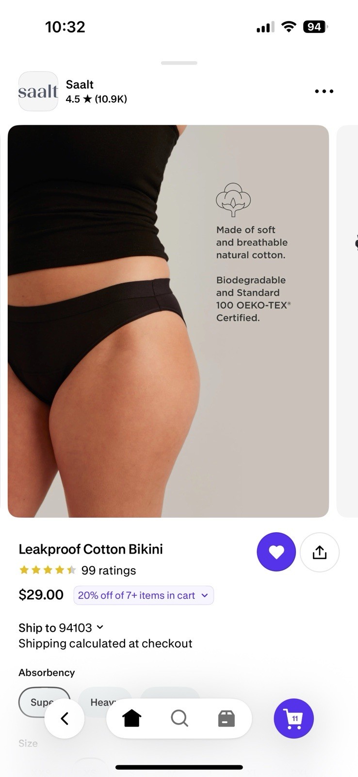 Saalt Wear XS Cotton Comfort Leakproof Underwear Black Bikini Super Absorbency