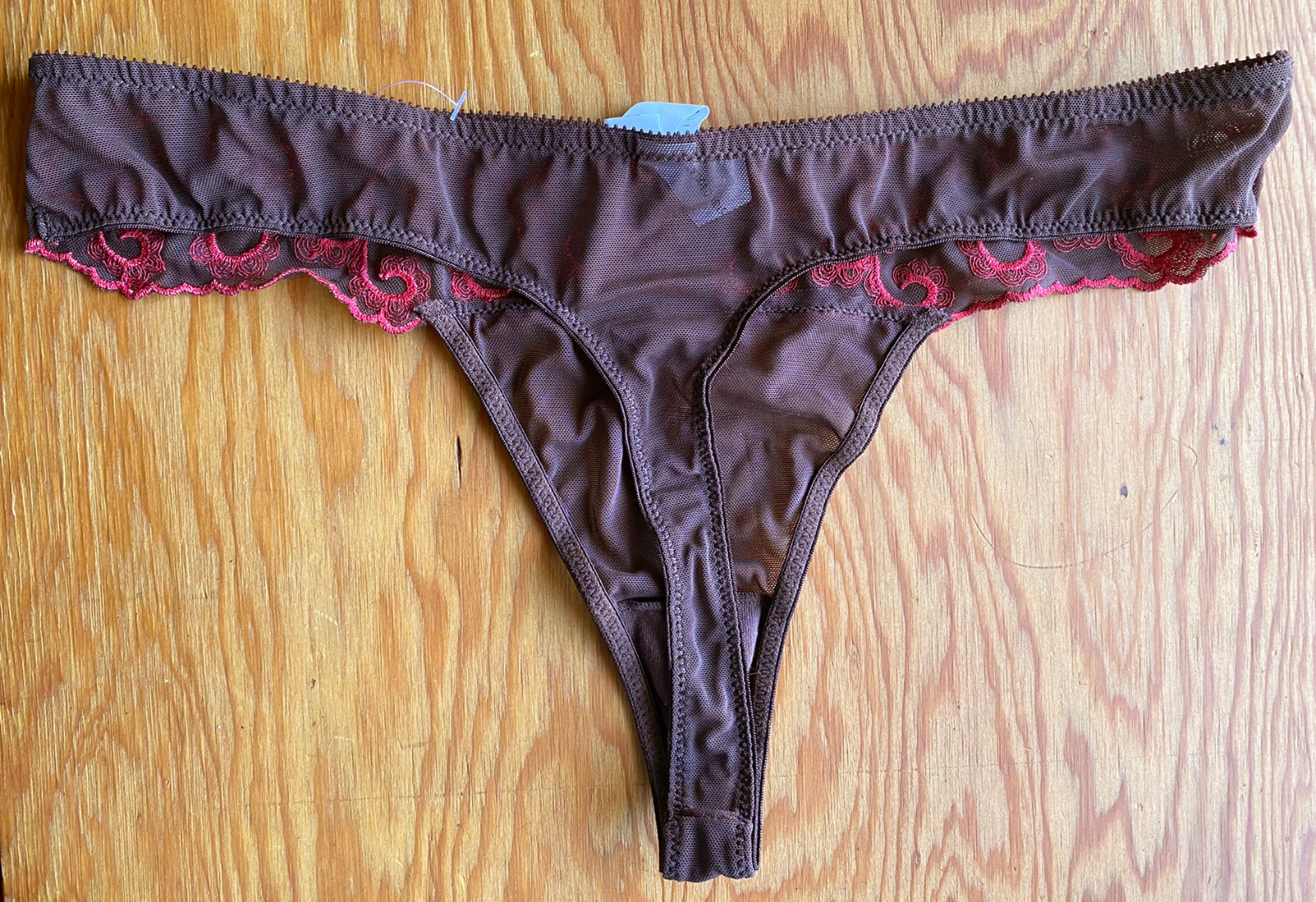 EMOTION Brown & Red Thong Panties Scroll Embroidery Aprox Size M NWOT