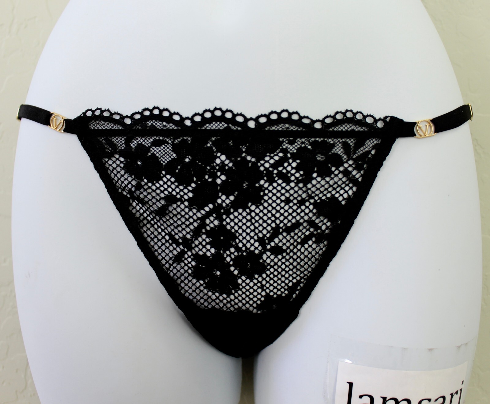 Victoria’s Secret Lace Fishnet Sheer Adjustable String Bikini Panty Black Size S