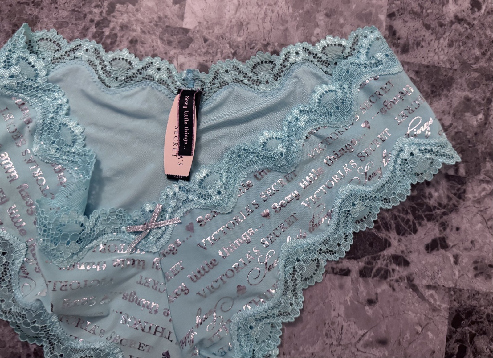 NWT VICTORIA’S SECRET SEXY LITTLE THINGS L SILVER AQUA LACE RARE CHEEKY PANTIES