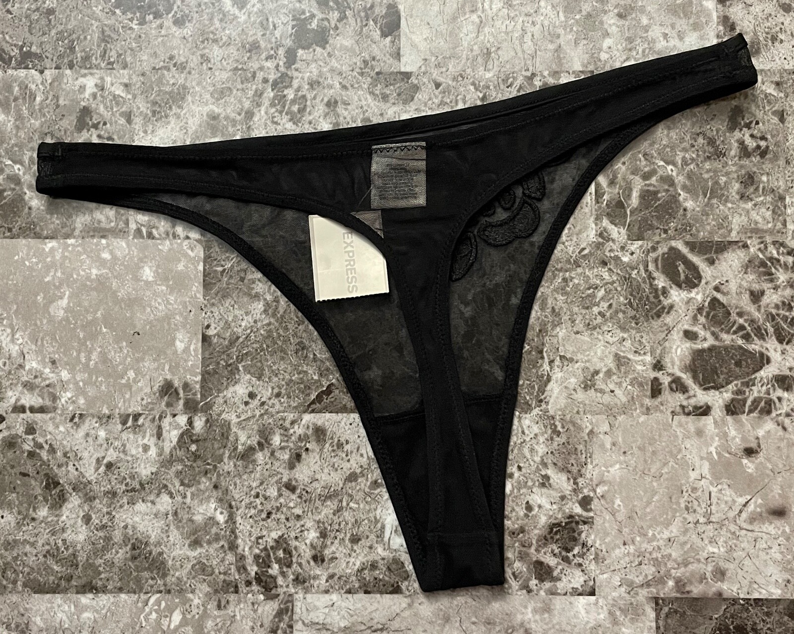 NWT EXPRESS SMALL BLACK SHEER MESH EMBROIDERED FLOWER RARE VINTAGE THONG PANTIES