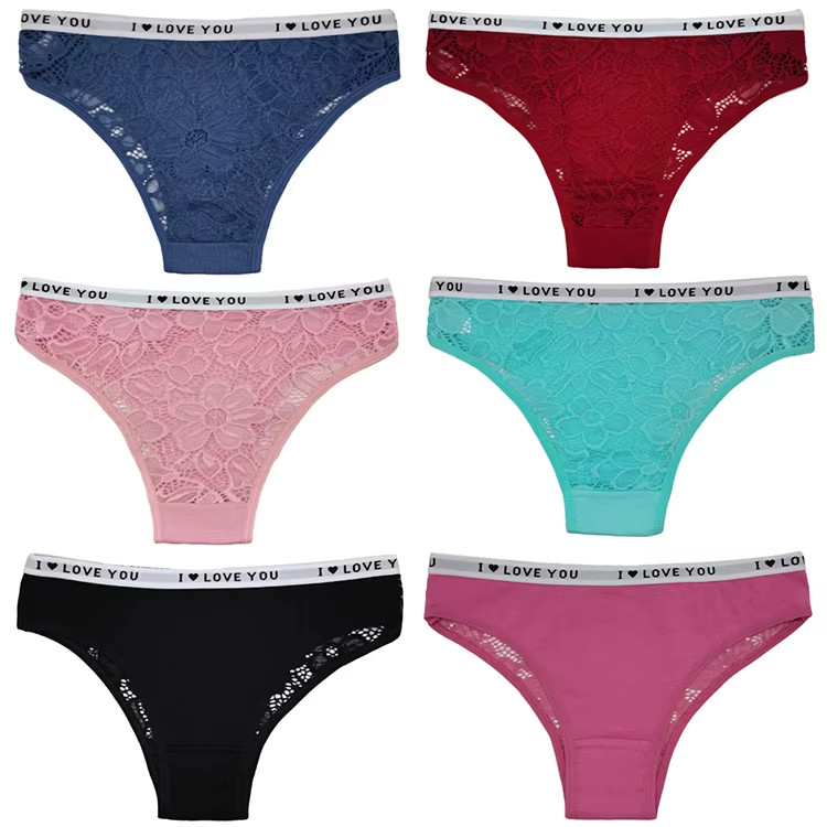 6 Pack M L XL Women Lace Trim Cotton Bikini Panties Breathable Sheer Underwear