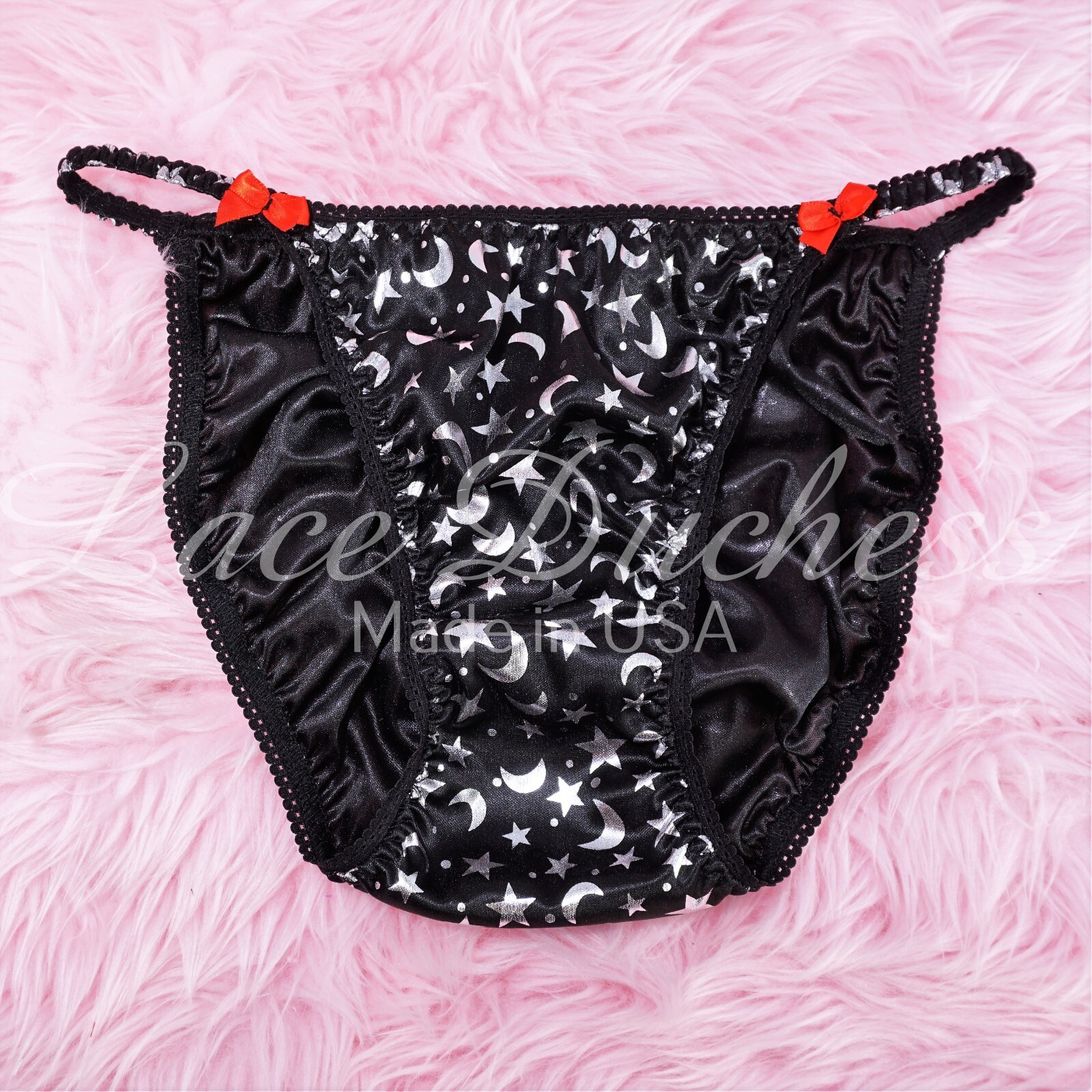 HALLOWEEN Satin Sissy DUCHESS Black Satin Foil Star ladies bikini panties sz 5