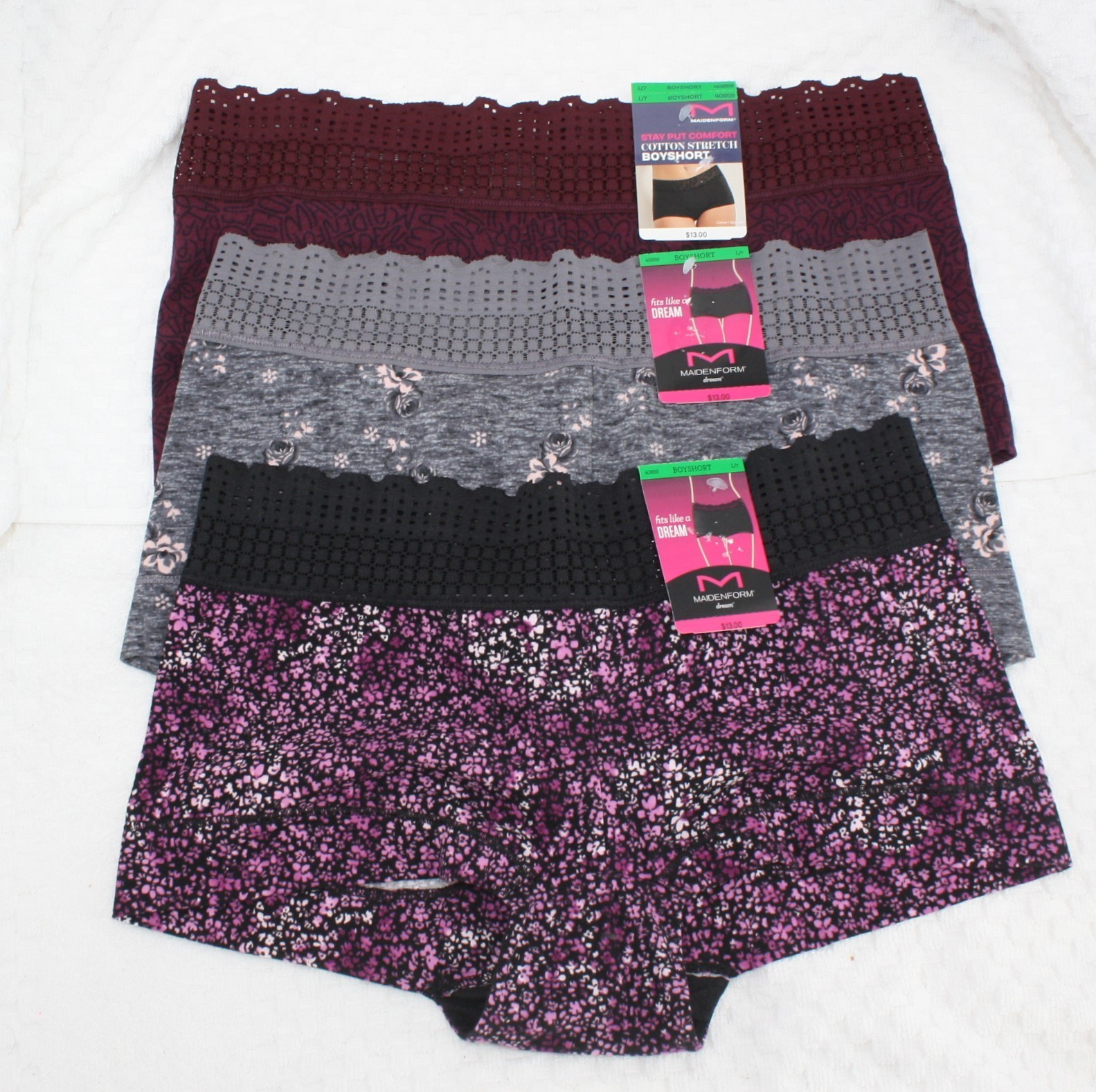 NWT set of 3 MAIDENFORM dream BOYSHORTS 40859 WINE BLACK GRAY PINK FLORAL L/7