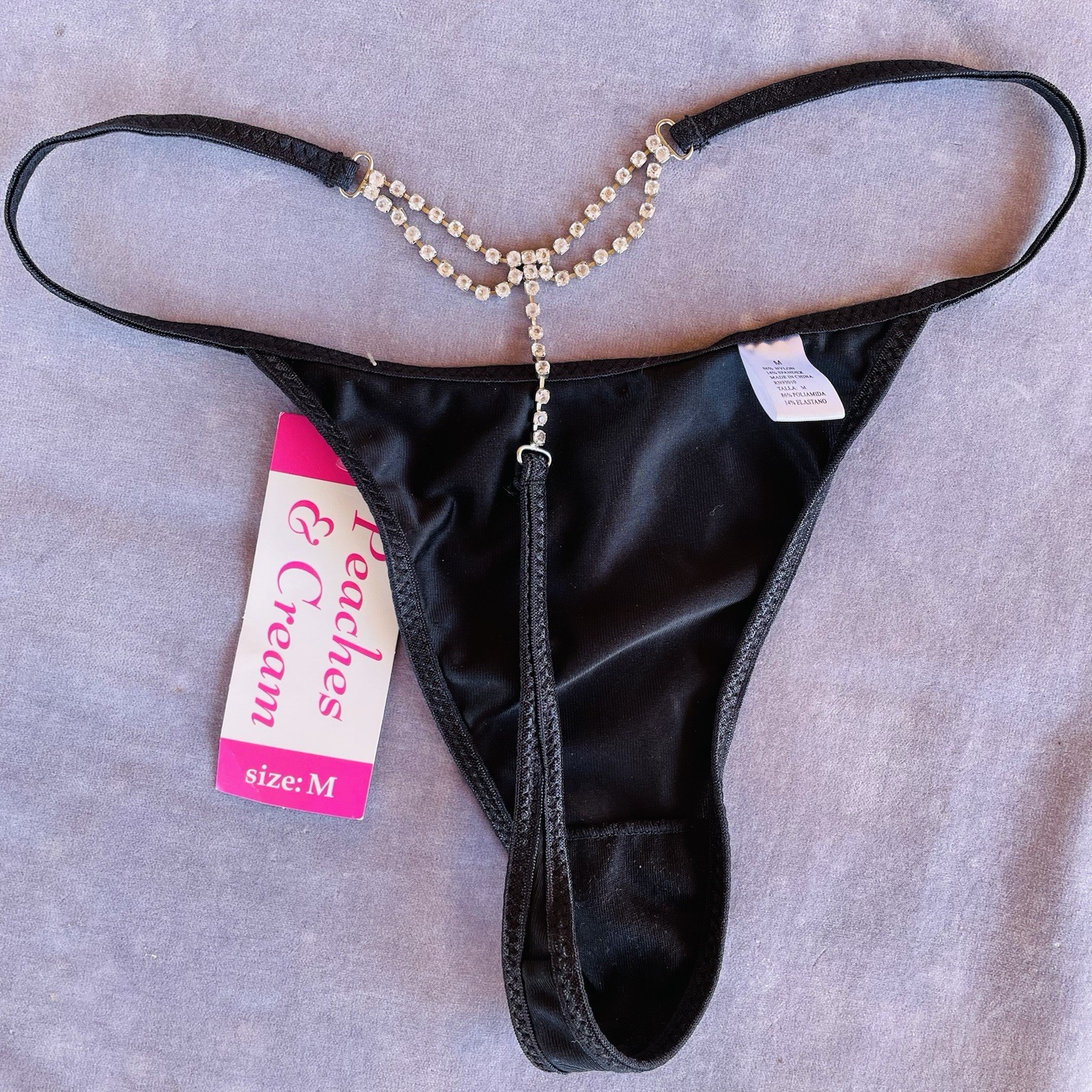 Vintage New Size M Black Rhinestone Thong High Cut String Bikini Panties Y2K