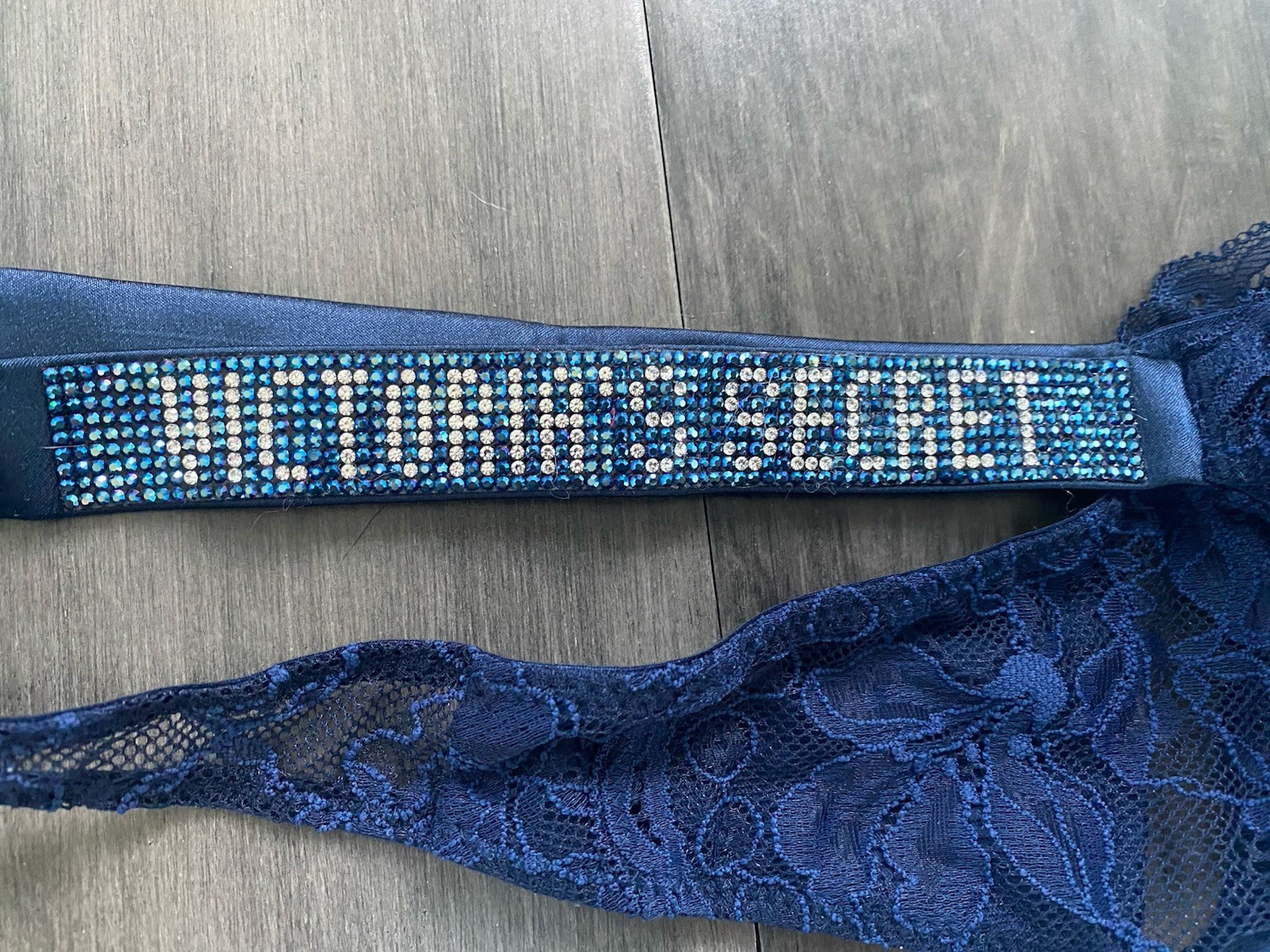 Victoria’s Secret Navy Blue Lace Rhinestone Logo Shine Strap Thong Panty Medium