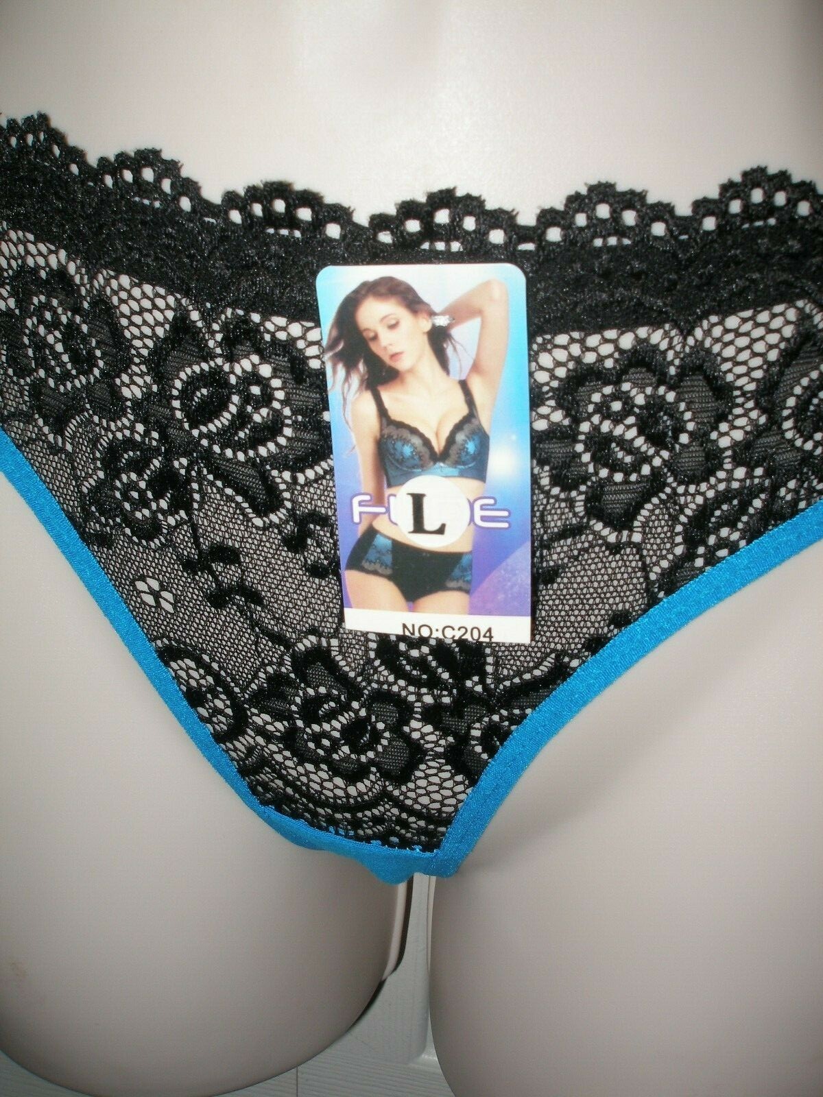 FUDE Women’s Large Thong Panties Turquoise with Black Lace Trim NWT