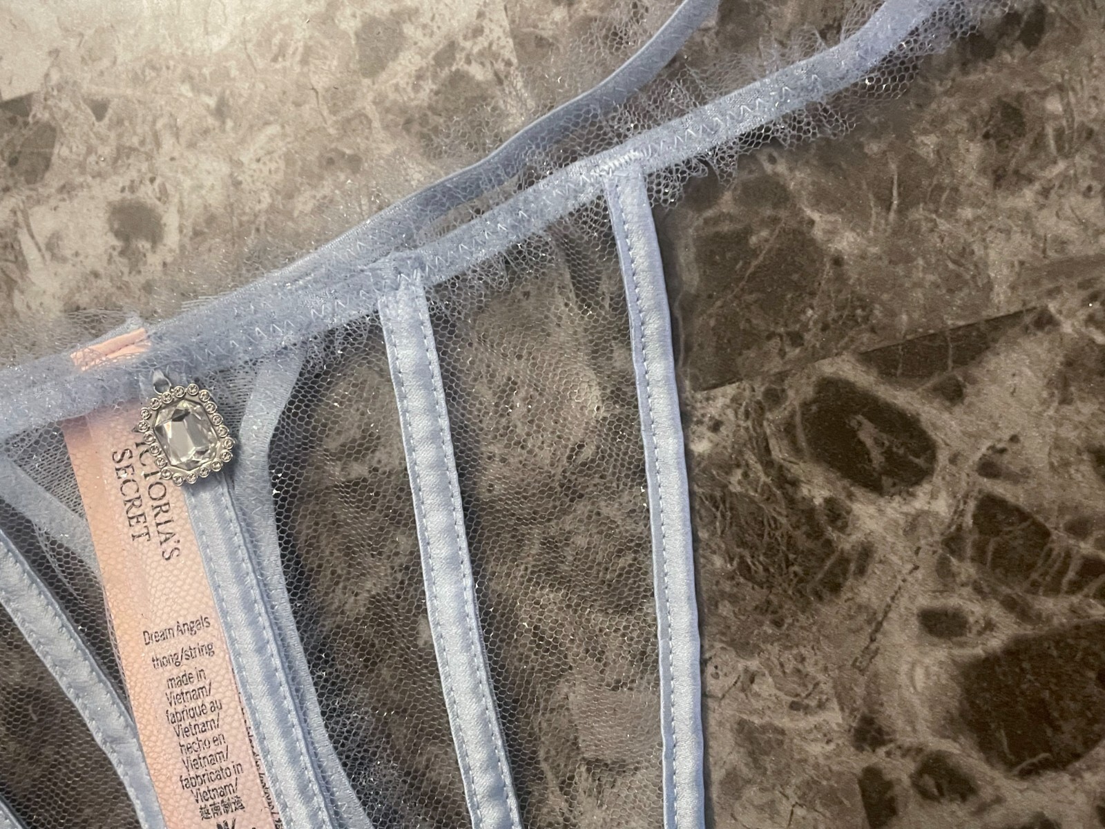 NWT VICTORIA’S SECRET BLUE TULLE GLITTER RHINESTONE JEWEL CHARM THONG PANTIES