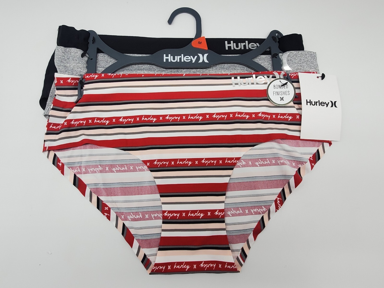 HURLEY 3 Pack Women Sizes M L XL Bonded Finishes Panties Black Gray Red Stripes