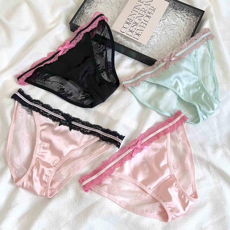 4pack Lot Sexy Womens Satin Panties Brief Sheer Lace Bikini Lingerie Underwear