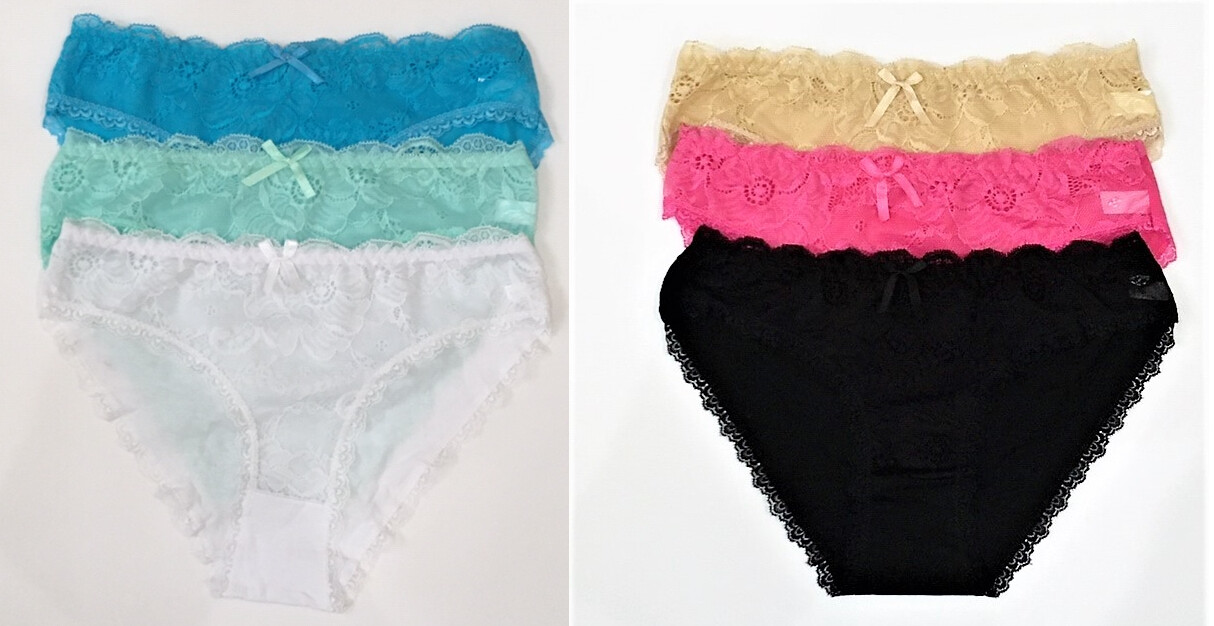 3PK Summer Floral Lace Front Cotton Bikini Panties Two Color Options-Underwear
