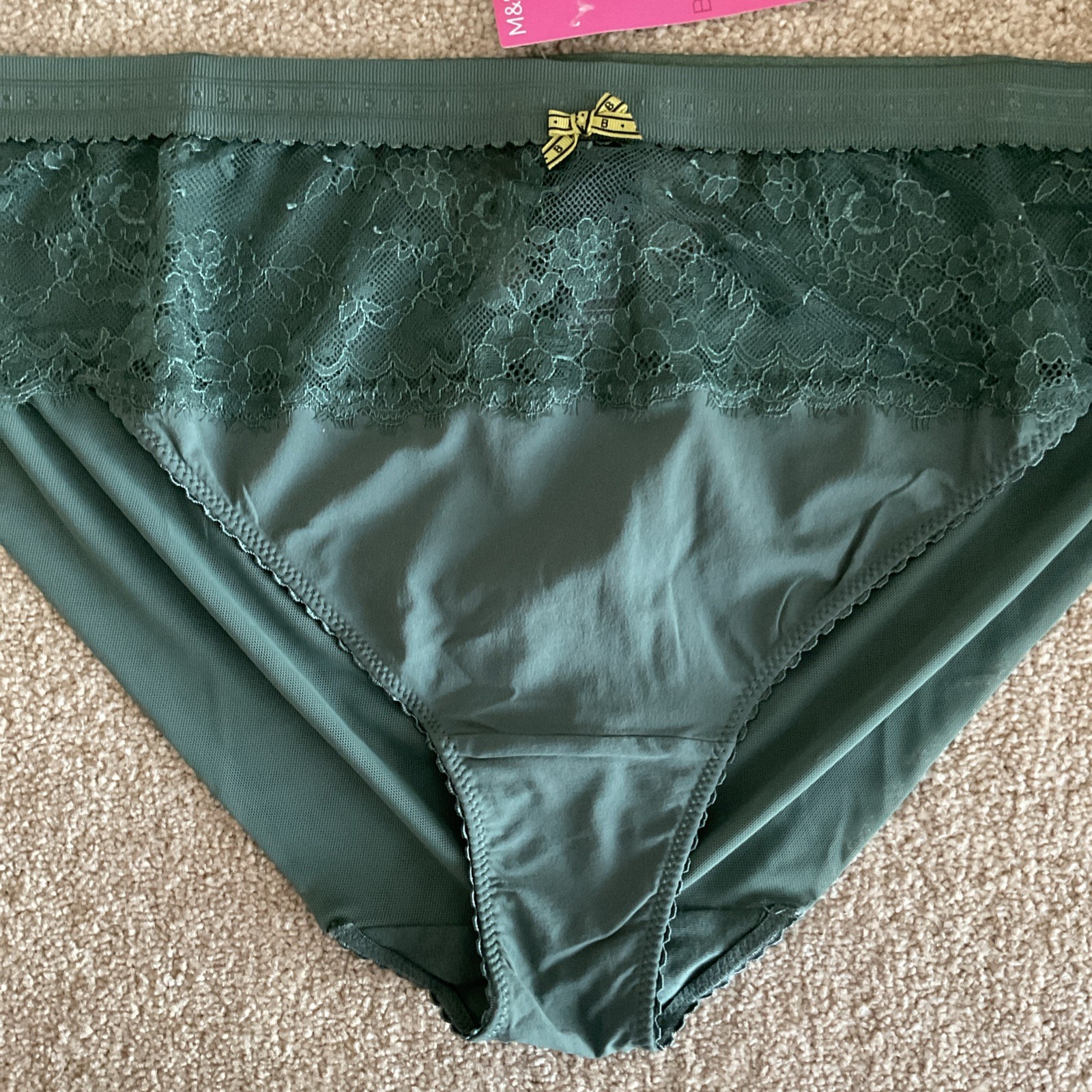 M&S Size 18 Pretty Boutique High Leg Knickers Mesh Lace Dark Khaki Green Soft