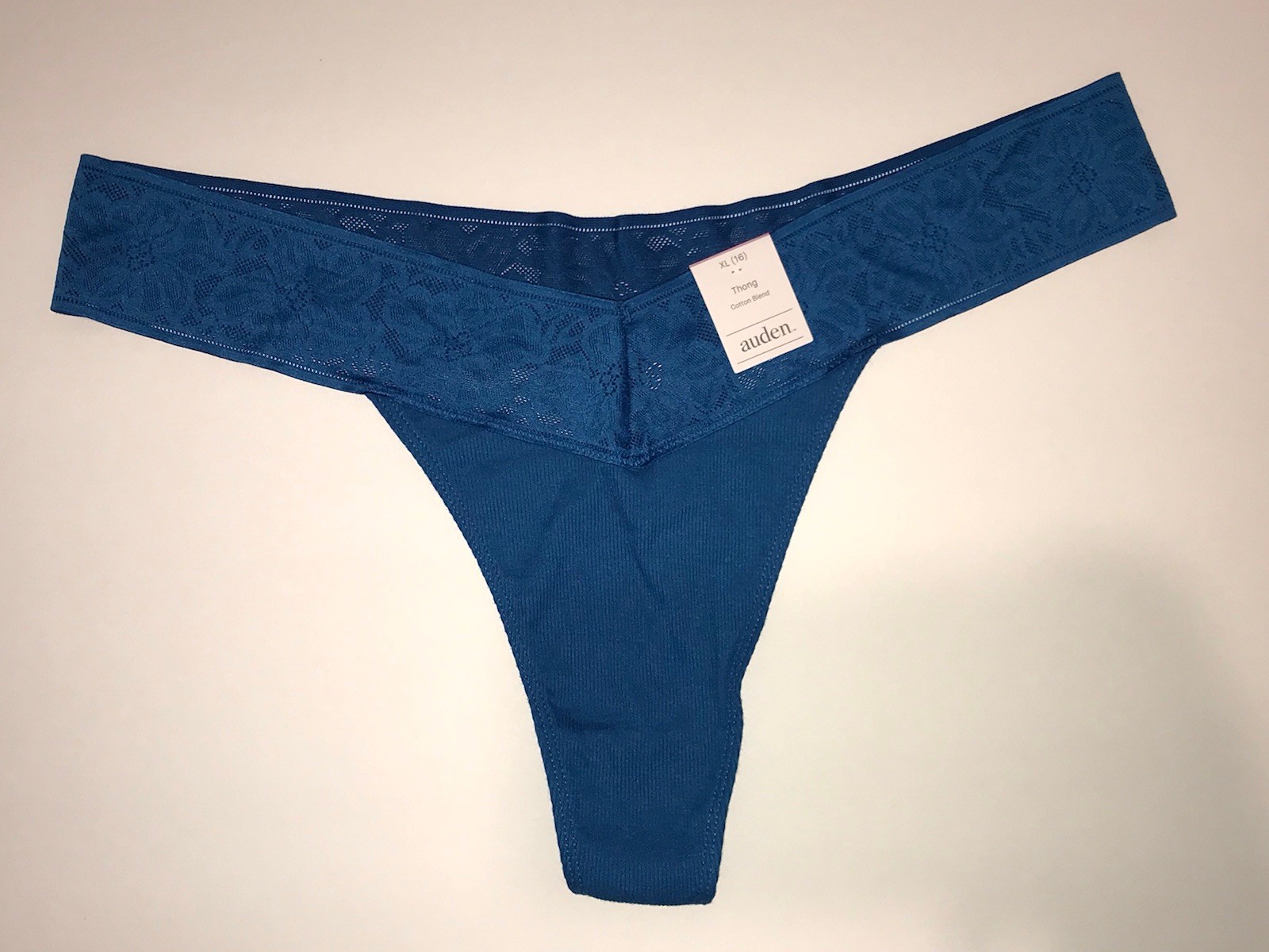 Set of 6 AUDEN Cotton Blend Ribbed Thongs XL 16, Lace, Teal Blue