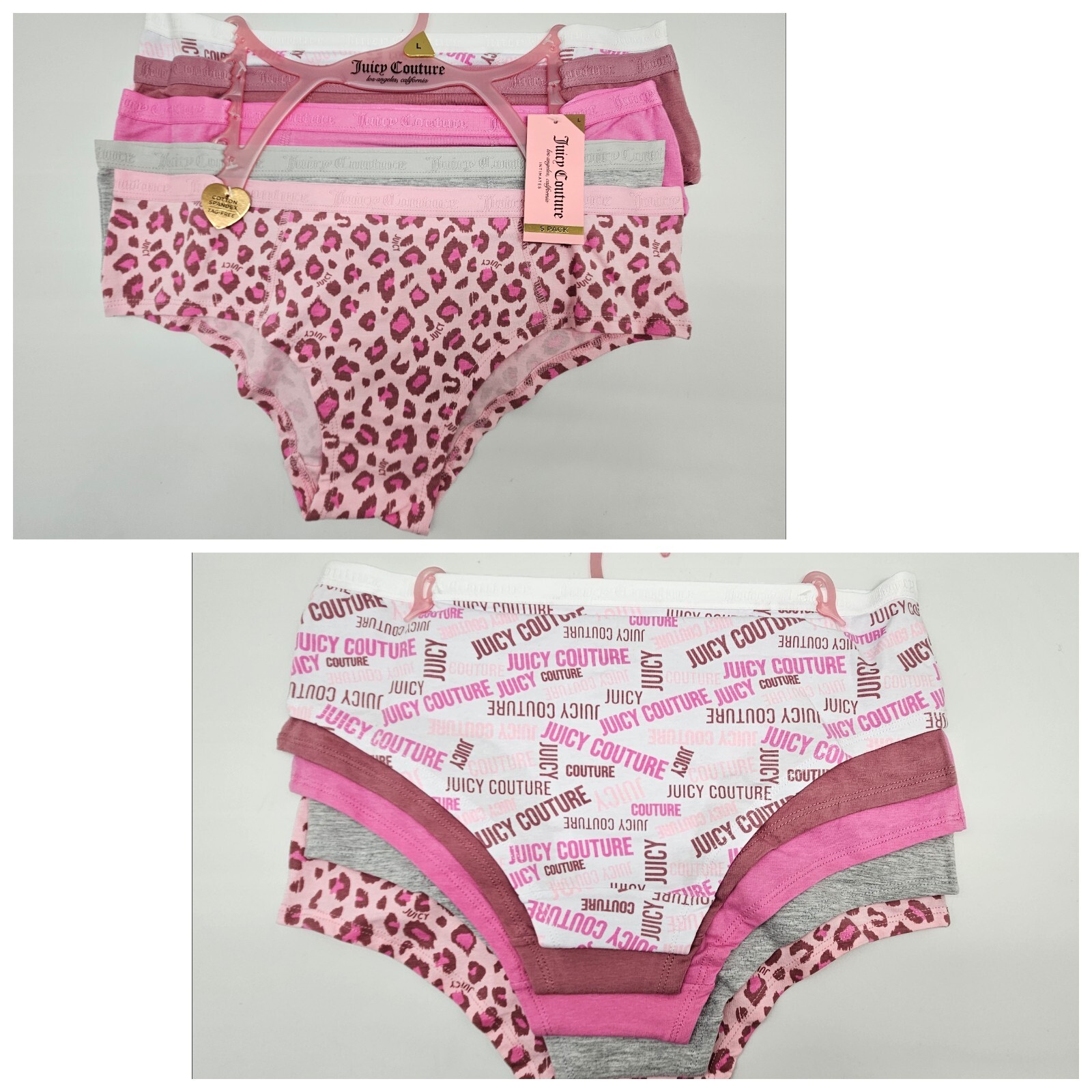 JUICY COUTURE 5 Pk Womens L XL Cotton Logo Panties Purple Gray Pink White Violet