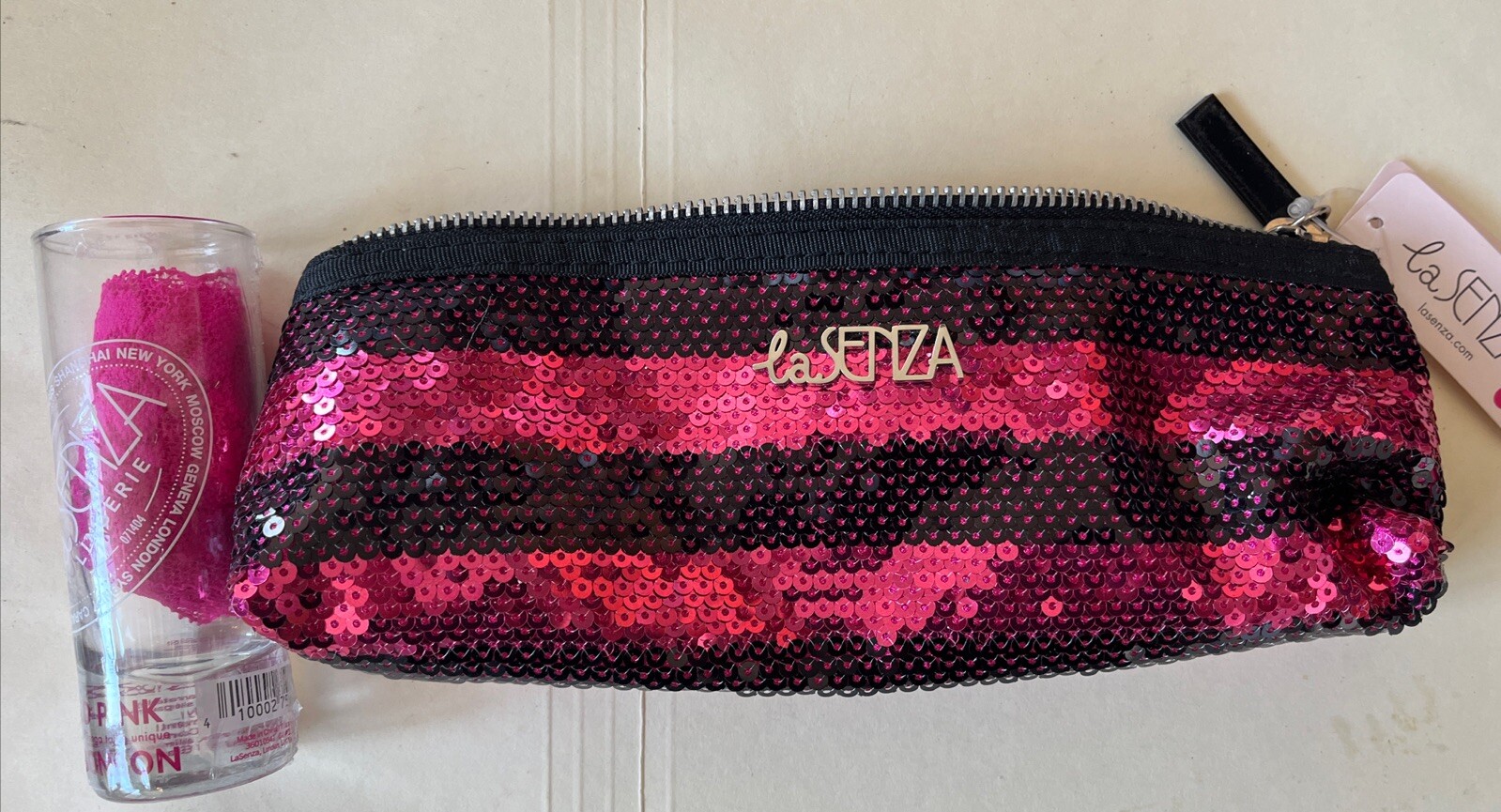 LA SENZA TICKLED PINK ROSE BONBON THONG SHOT GLASS SEQUIN BAG NEW BACHELORETTE