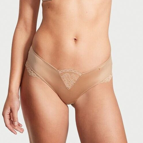 L Beige Tan Sand Satiny Micro Lace Inset Very Sexy Cheeky Victorias Secret Panty