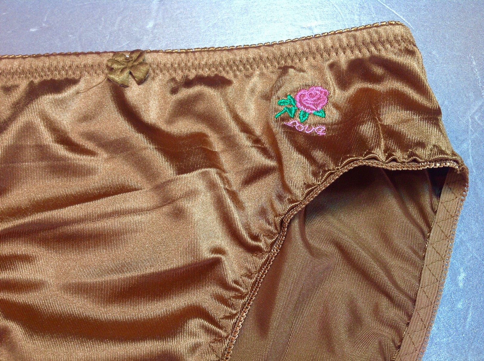 Women Panties Bikinis GRACE Size XL.Brown Bronze Satin W/Decoration Elastic