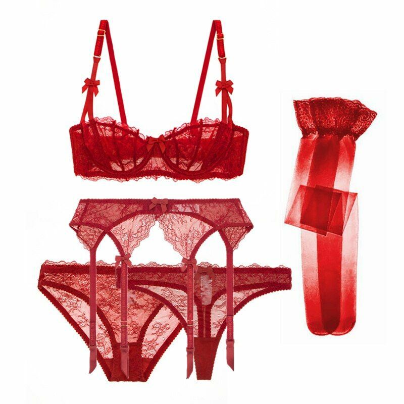 5pcs Women’s Bras + Garter + Panty + Thong + Stocking Underwear Lingerie Set NEW