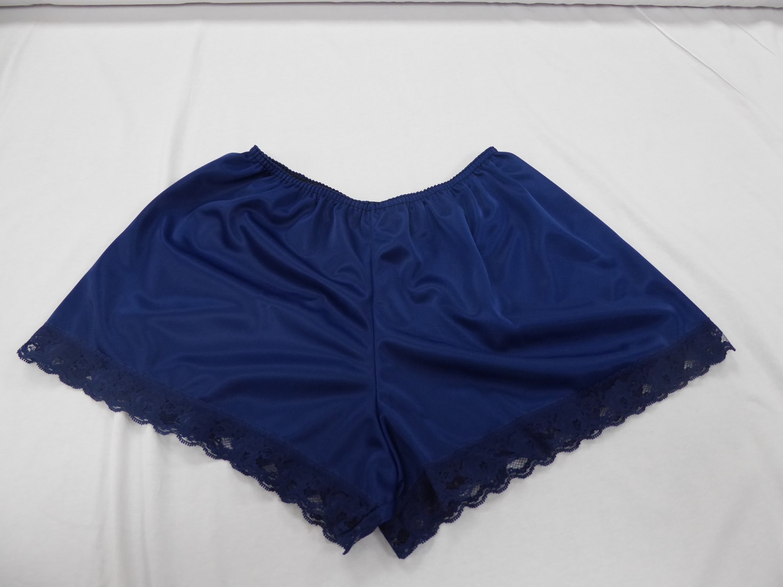 Navy Satin French Knickers 10/12 in Simplex Nylon with Navy Lace