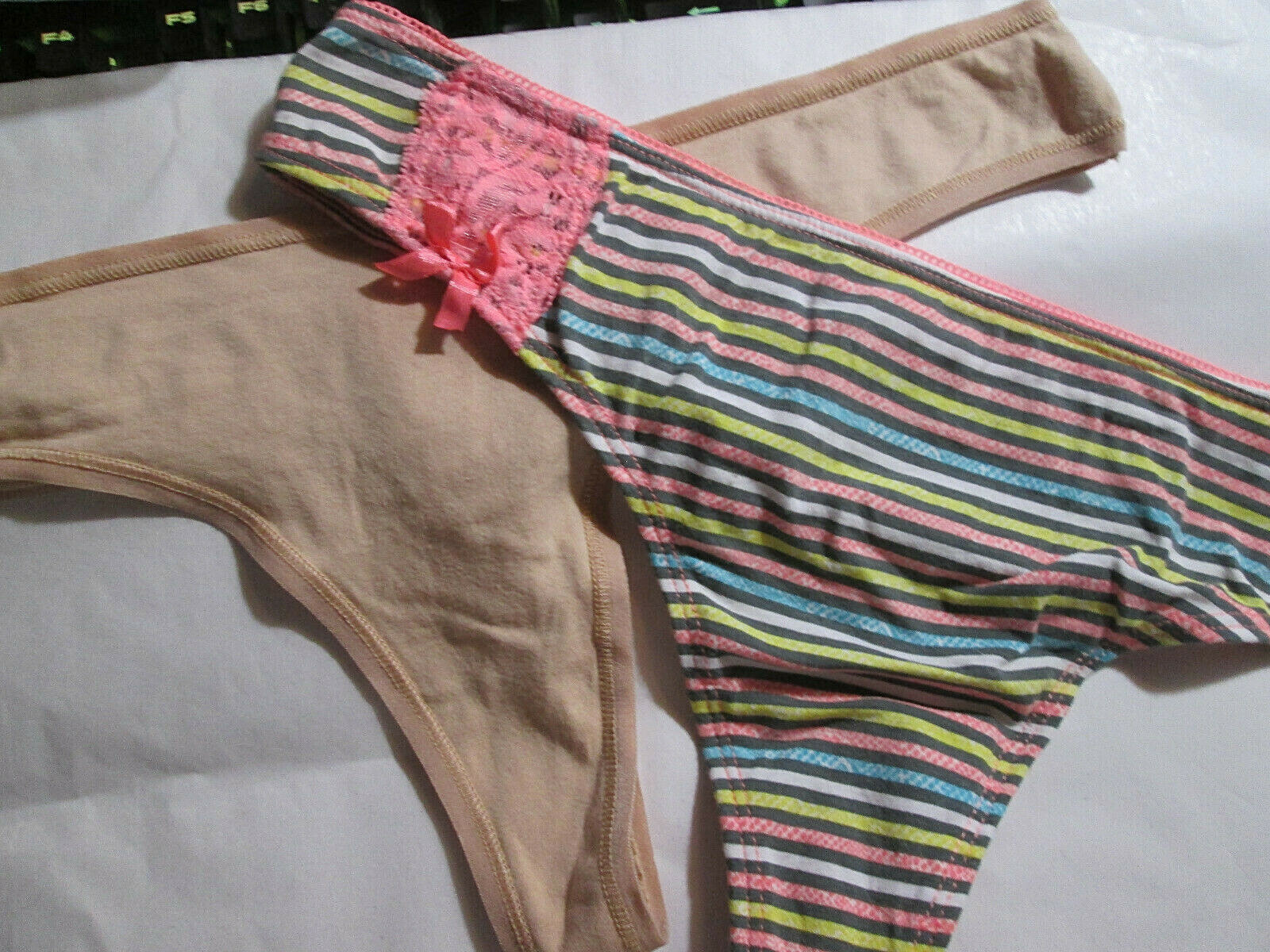 2 New 95% Cotton Thong Panties 💕 Size XL Set of Beige + Stripe w/Pink Lace