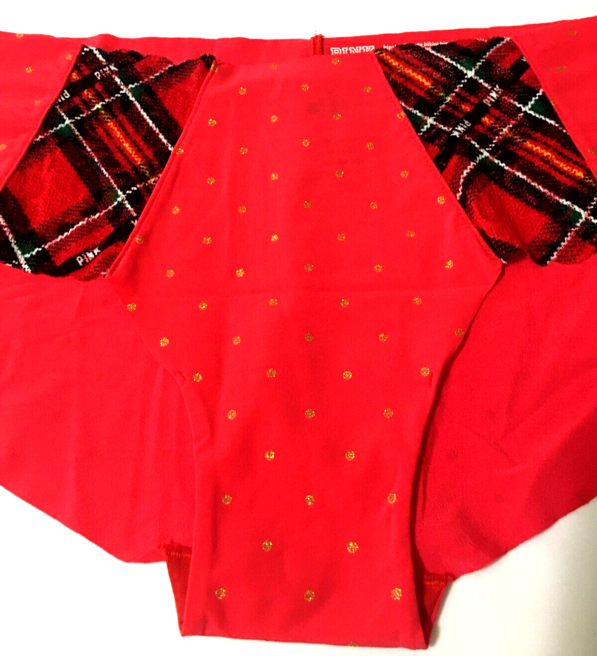 Victorias Secret Hipster Panties Size L Red Gold Dots Logo Plaid Lace Insets NWT