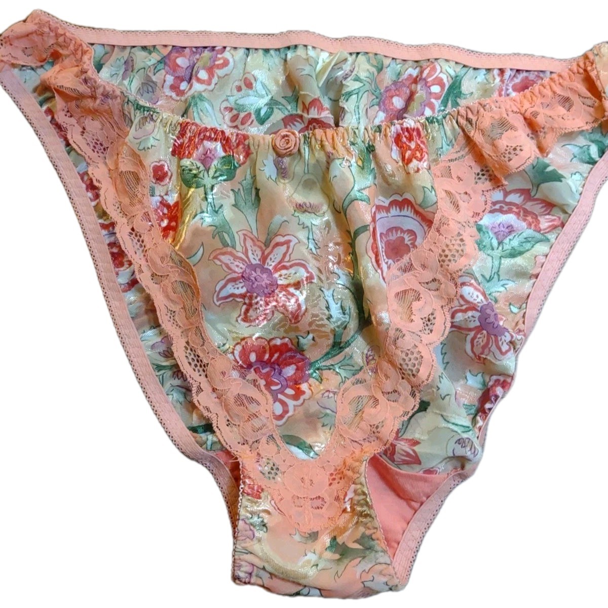 Vtg Victoria’s Secret Silky Satin Dusty Rose Floral Bikini Panty L/7 Gold Label