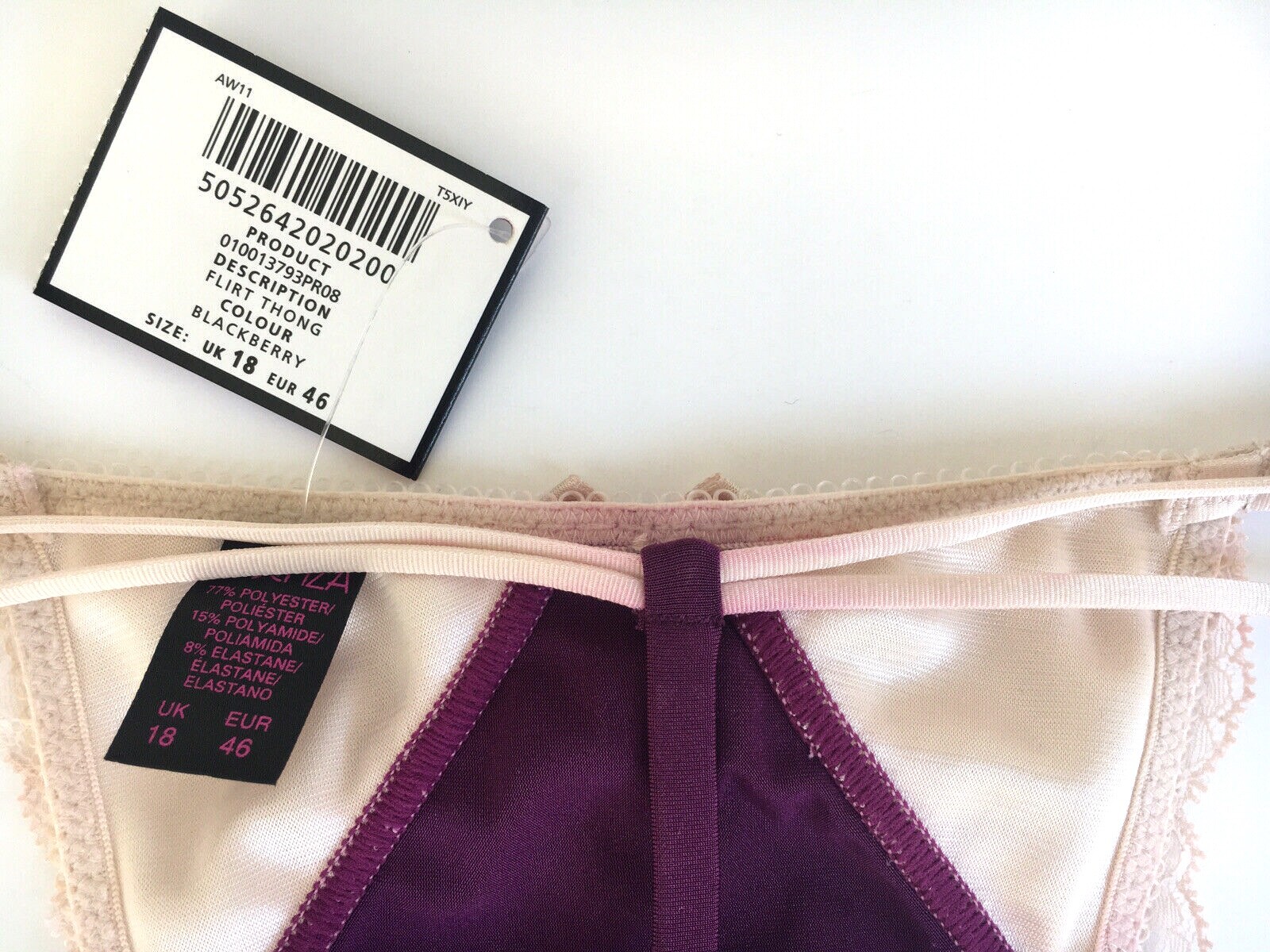 La Senza G-string Thong UK 18 Purple / Ivory BNWT