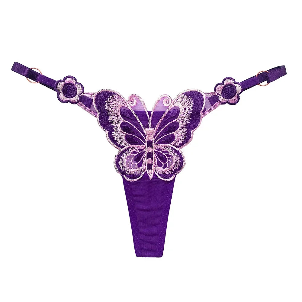 Women’s Cute Butterfly Embroidery Thongs G-Strings Mesh Adjustable Panties