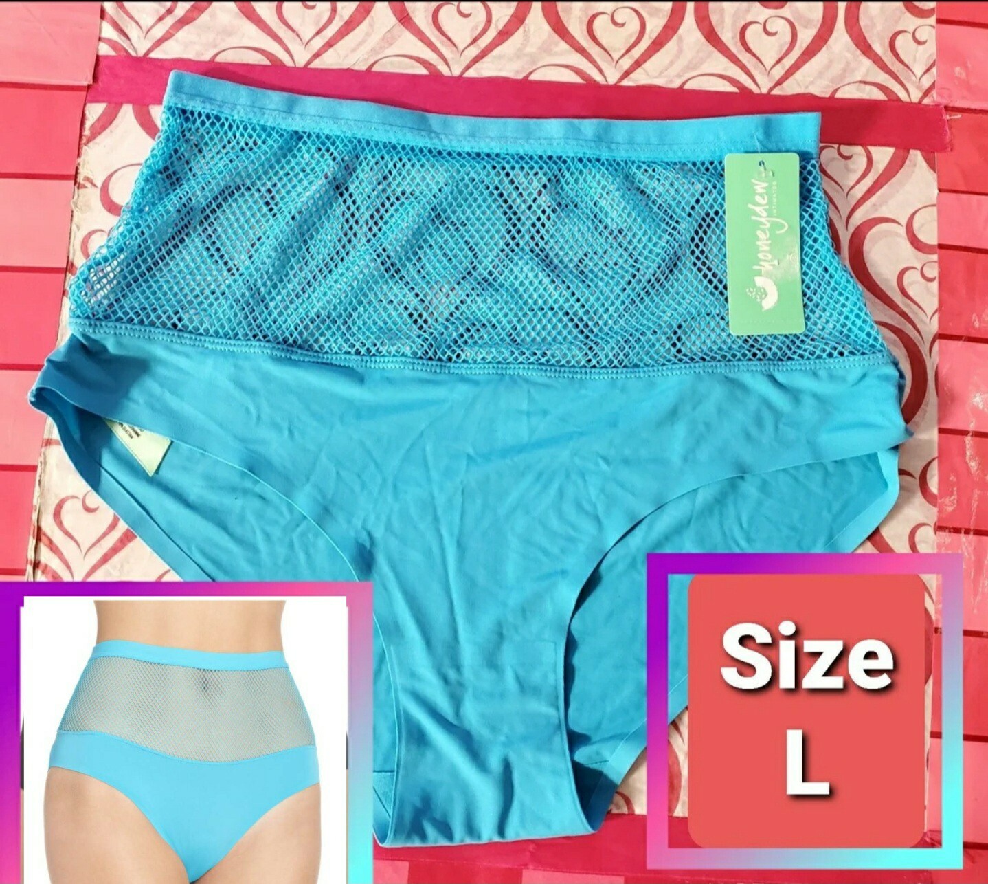 L Sexy Honeydew Intimates Fishnet High Waisted Hipster Panty Sea Breezer Blue