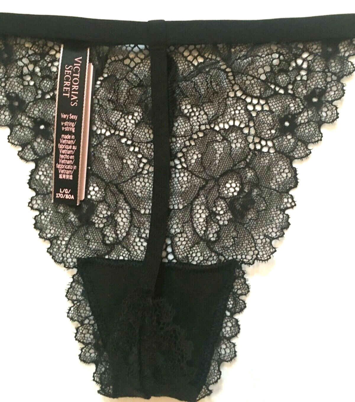 Victorias Secret Very Sexy Black V-String Thong Panties Size L Sheer Lace Logo V